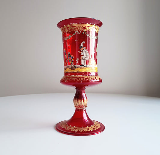 Venetian Ruby Chalice Goblet Vase, Hand Painted Comedia Del Arte, Salviati Style, Murano Art Glass