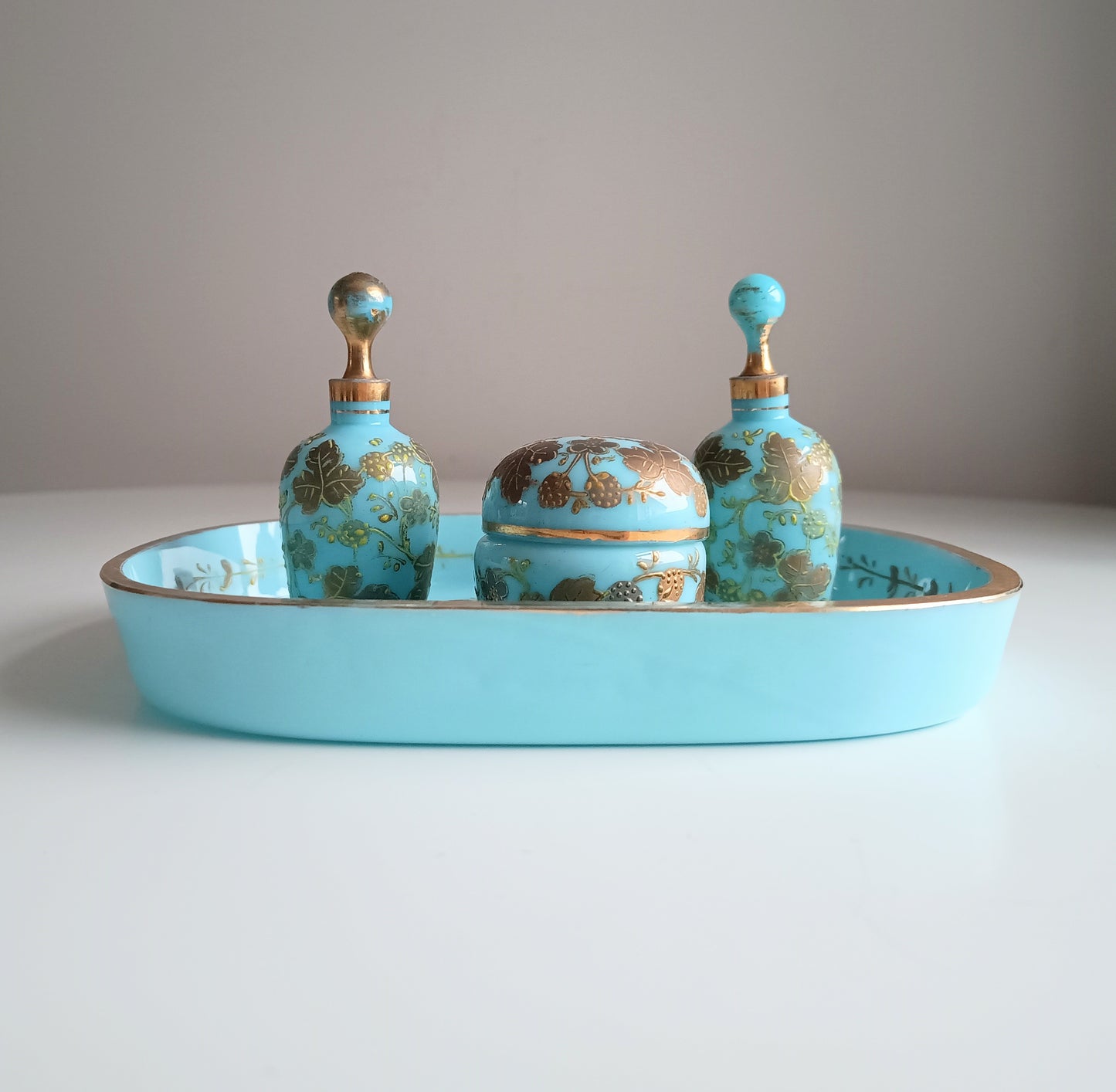 Opaline Glass Set: Perfume Bottles, Rouge Jar & Tray, Palais-Royal Baccarat circle, France