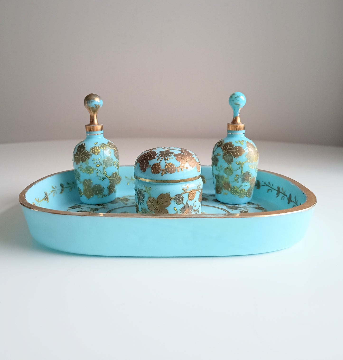 Opaline Glass Set: Perfume Bottles, Rouge Jar & Tray, Palais-Royal Baccarat circle, France