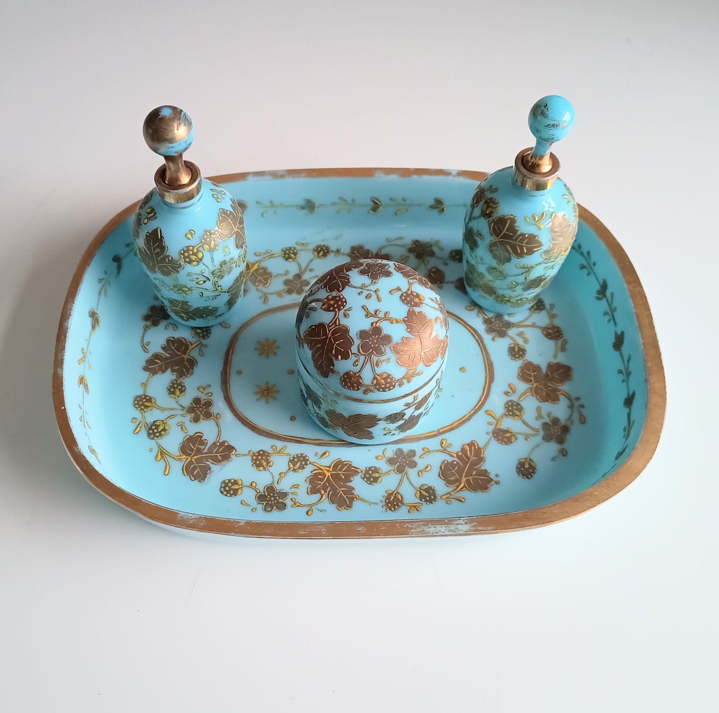 Opaline Glass Set: Perfume Bottles, Rouge Jar & Tray, Palais-Royal Baccarat circle, France