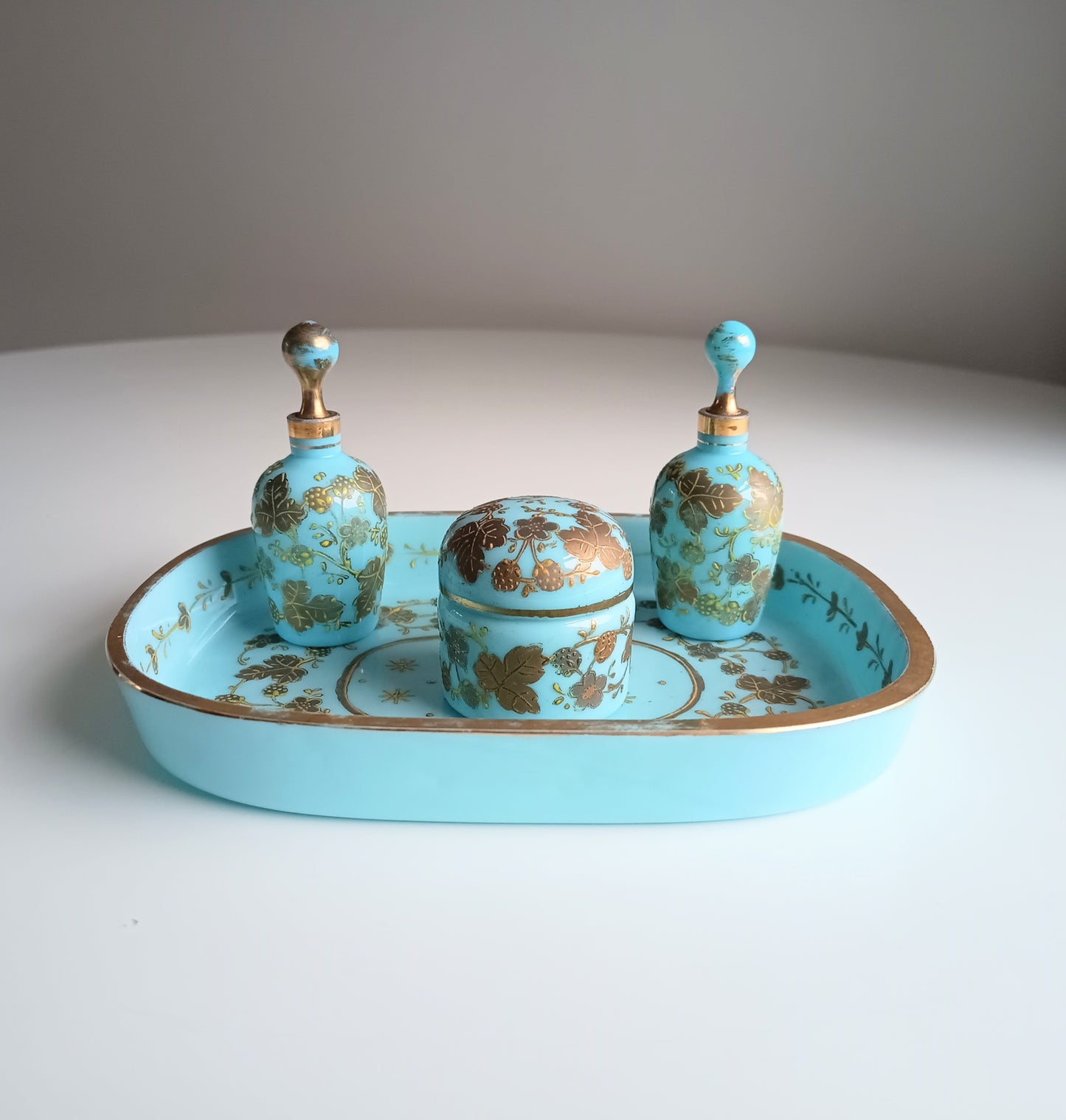 Opaline Glass Set: Perfume Bottles, Rouge Jar & Tray, Palais-Royal Baccarat circle, France