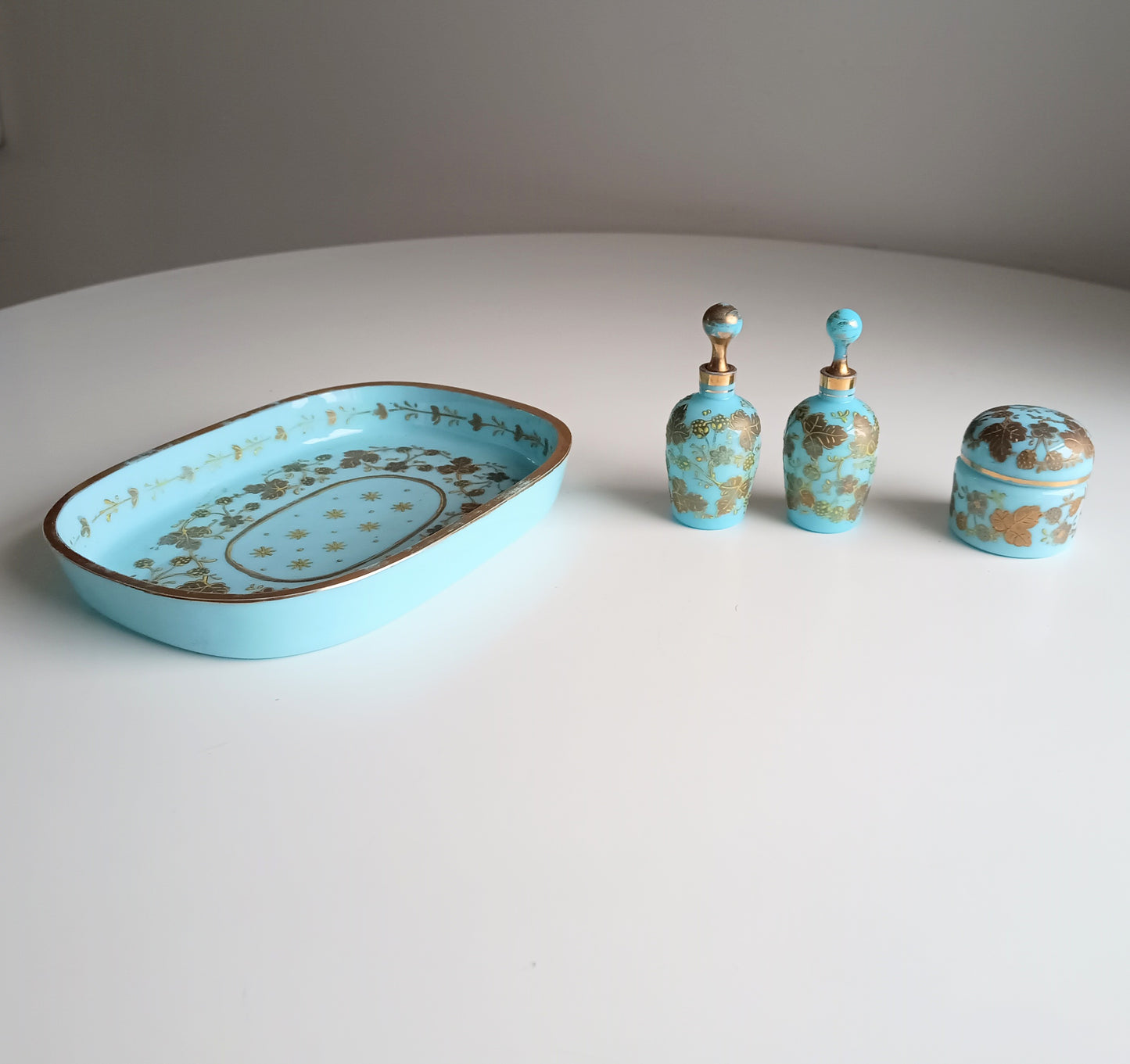 Opaline Glass Set: Perfume Bottles, Rouge Jar & Tray, Palais-Royal Baccarat circle, France