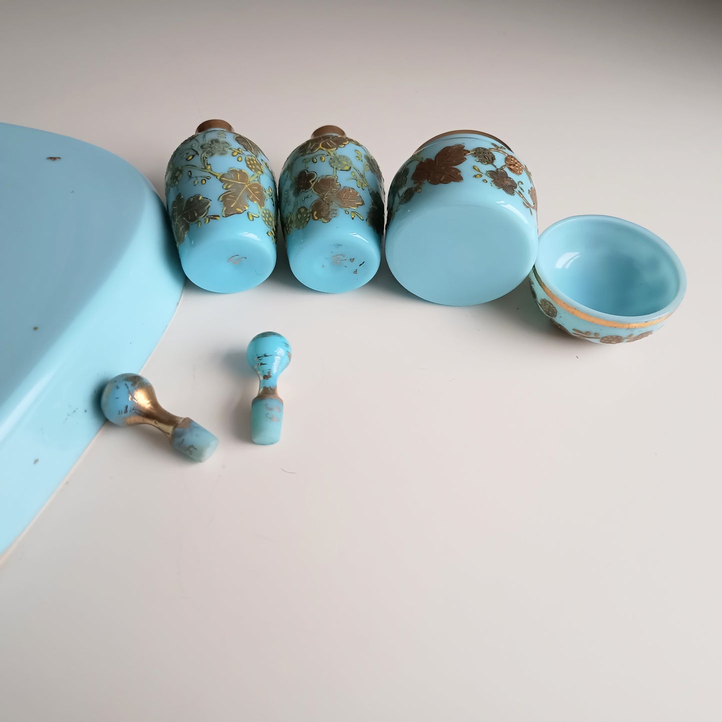 Opaline Glass Set: Perfume Bottles, Rouge Jar & Tray, Palais-Royal Baccarat circle, France