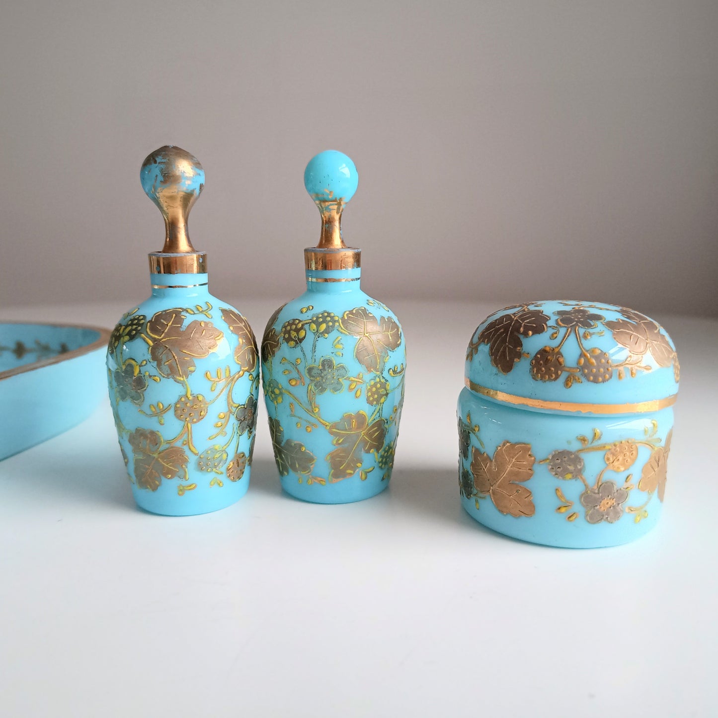 Opaline Glass Set: Perfume Bottles, Rouge Jar & Tray, Palais-Royal Baccarat circle, France