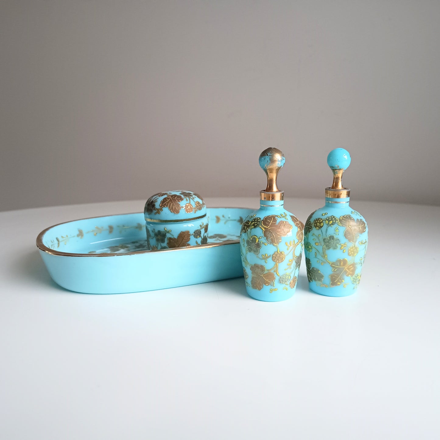 Opaline Glass Set: Perfume Bottles, Rouge Jar & Tray, Palais-Royal Baccarat circle, France