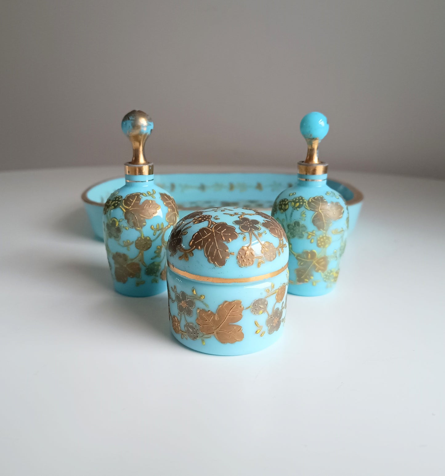 Opaline Glass Set: Perfume Bottles, Rouge Jar & Tray, Palais-Royal Baccarat circle, France