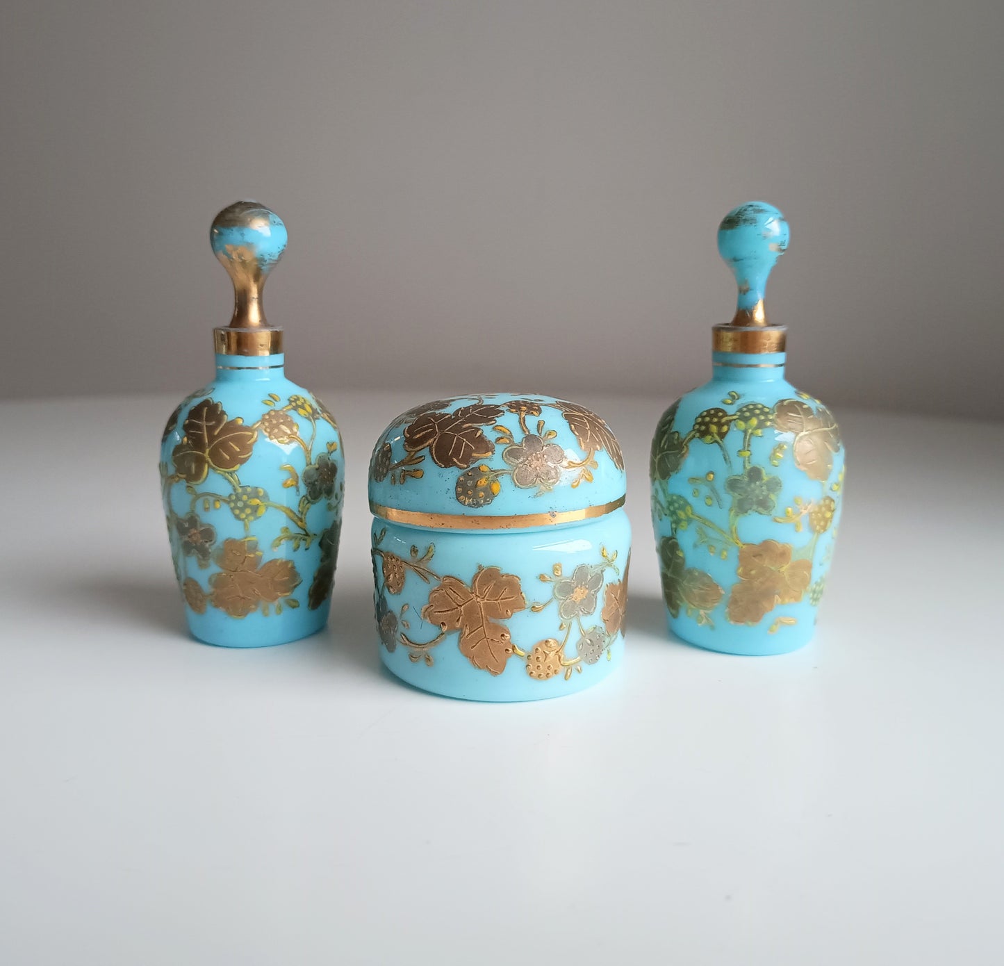 Opaline Glass Set: Perfume Bottles, Rouge Jar & Tray, Palais-Royal Baccarat circle, France