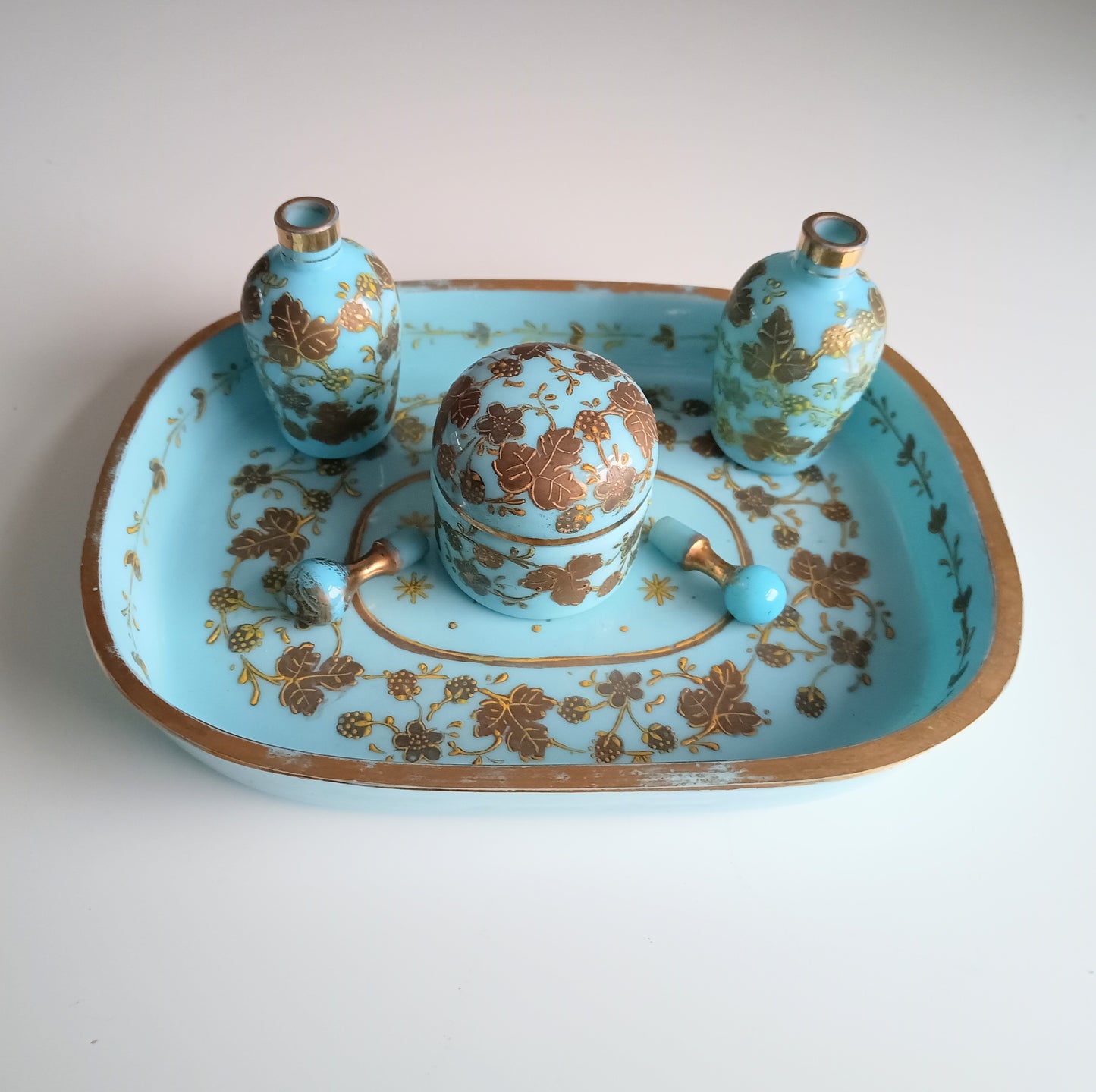 Opaline Glass Set: Perfume Bottles, Rouge Jar & Tray, Palais-Royal Baccarat circle, France