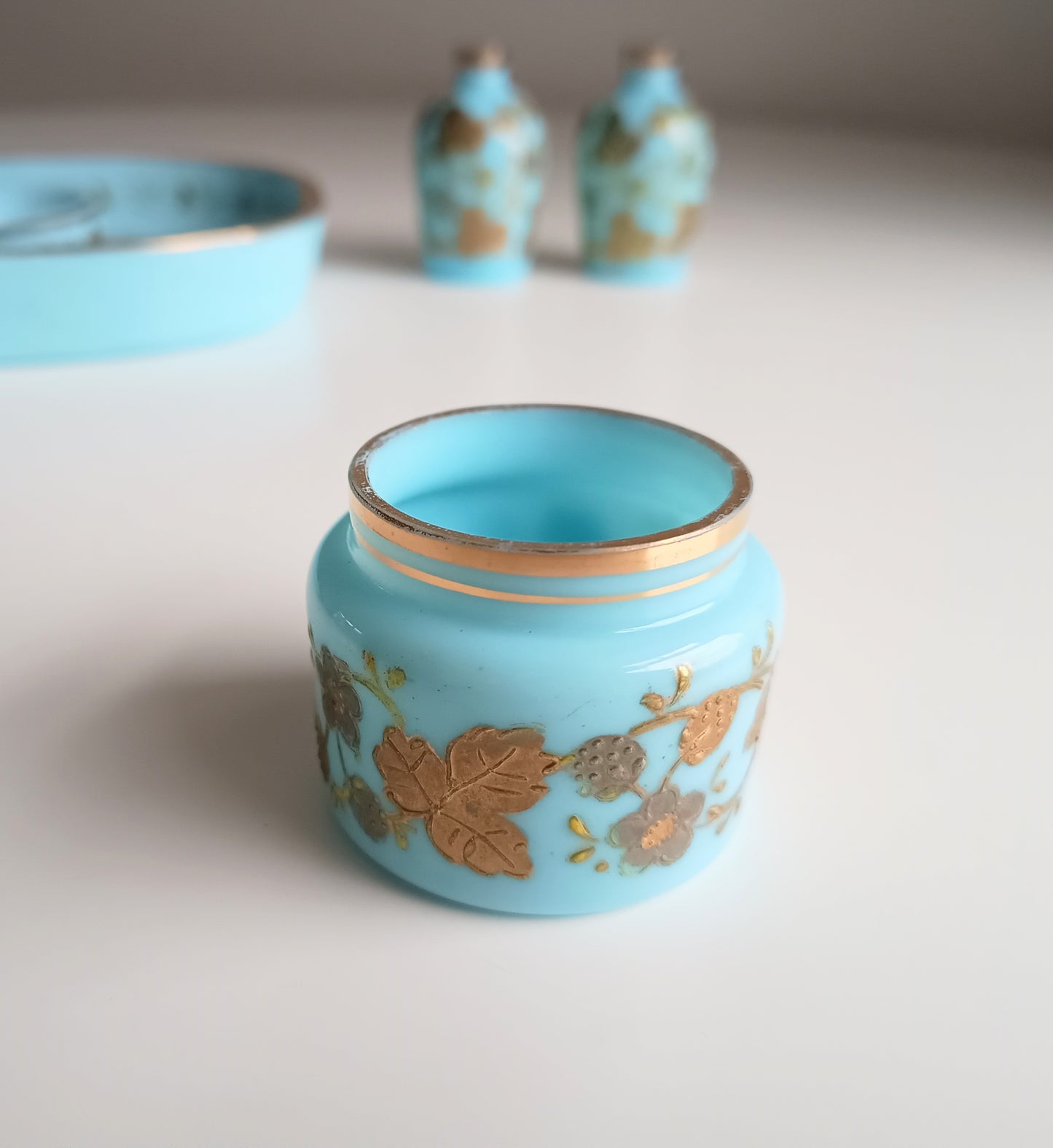 Opaline Glass Set: Perfume Bottles, Rouge Jar & Tray, Palais-Royal Baccarat circle, France