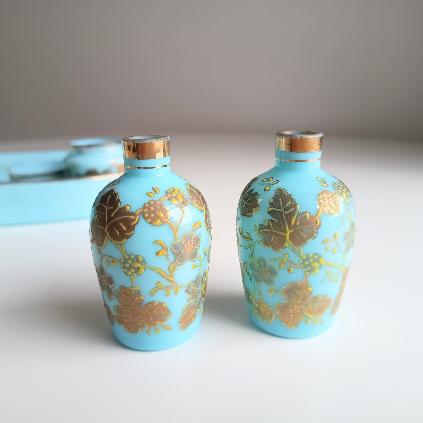Opaline Glass Set: Perfume Bottles, Rouge Jar & Tray, Palais-Royal Baccarat circle, France