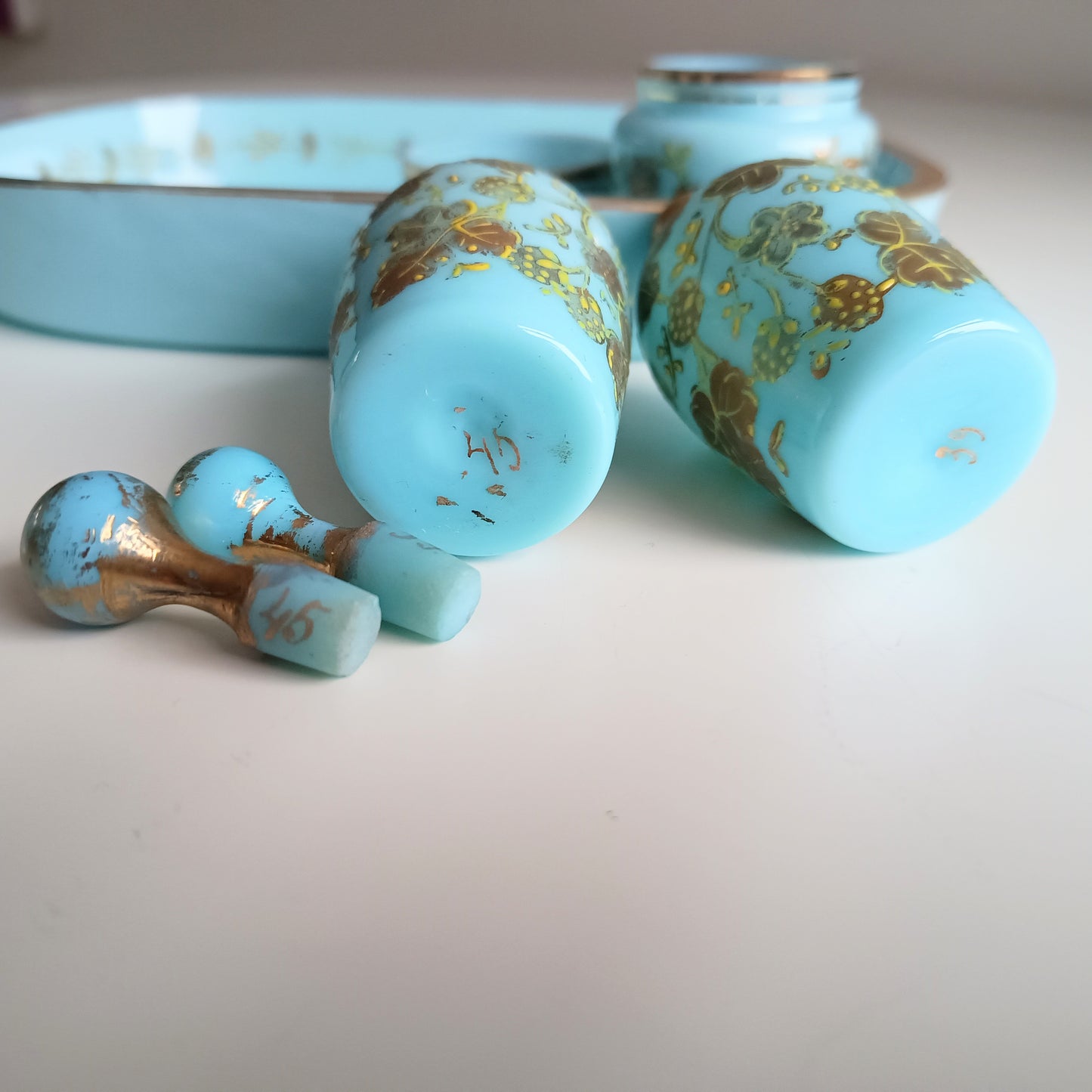 Opaline Glass Set: Perfume Bottles, Rouge Jar & Tray, Palais-Royal Baccarat circle, France