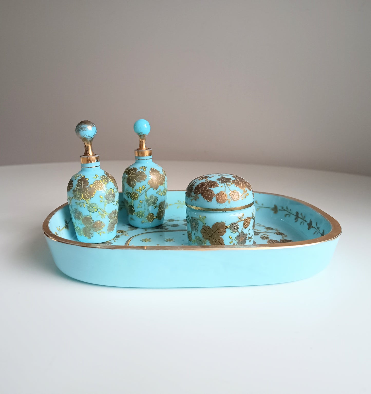 Opaline Glass Set: Perfume Bottles, Rouge Jar & Tray, Palais-Royal Baccarat circle, France