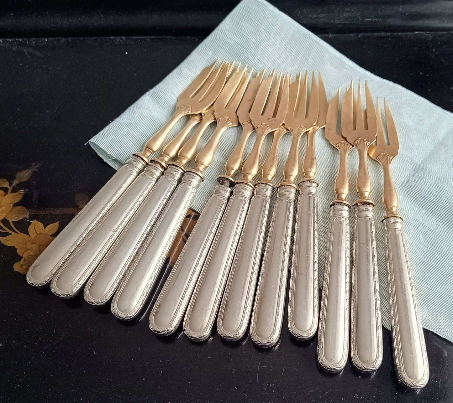 Antique Belle Epoque 12 Pastry Forks Dessert Cutlery Set:  Louis Coignet, France 1880-1900
