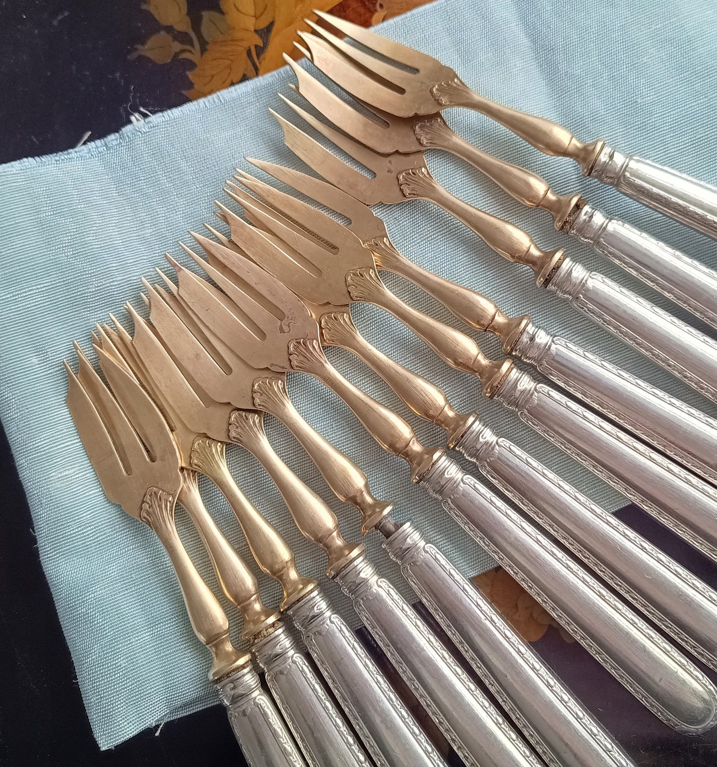 Antique Belle Epoque 12 Pastry Forks Dessert Cutlery Set:  Louis Coignet, France 1880-1900