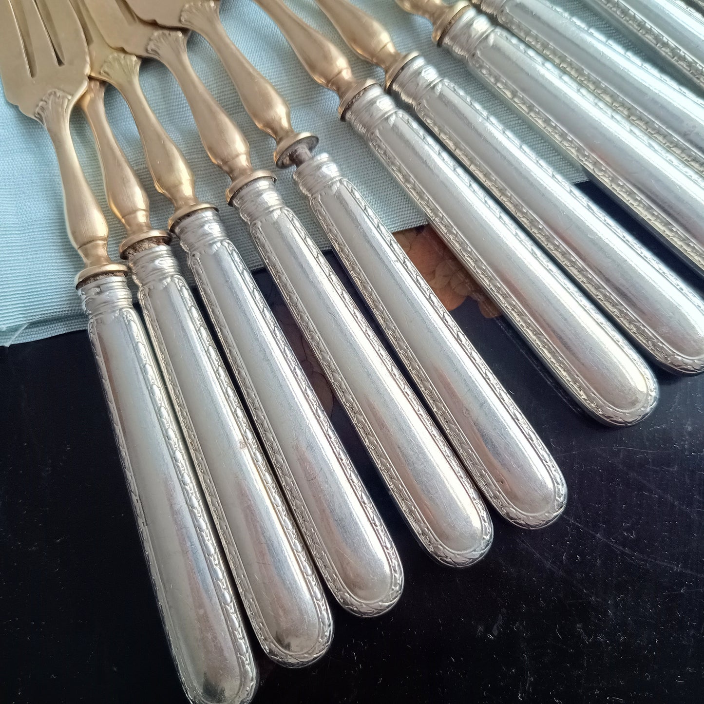 Antique Belle Epoque 12 Pastry Forks Dessert Cutlery Set:  Louis Coignet, France 1880-1900
