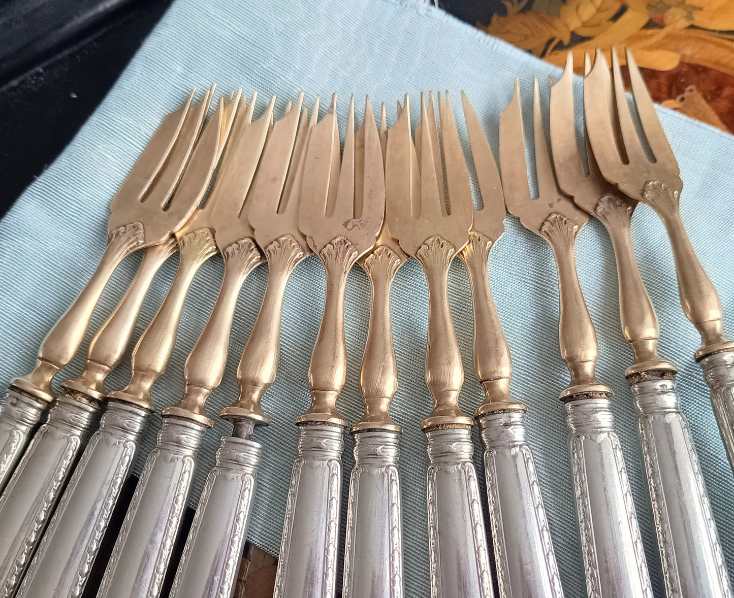 Antique Belle Epoque 12 Pastry Forks Dessert Cutlery Set:  Louis Coignet, France 1880-1900