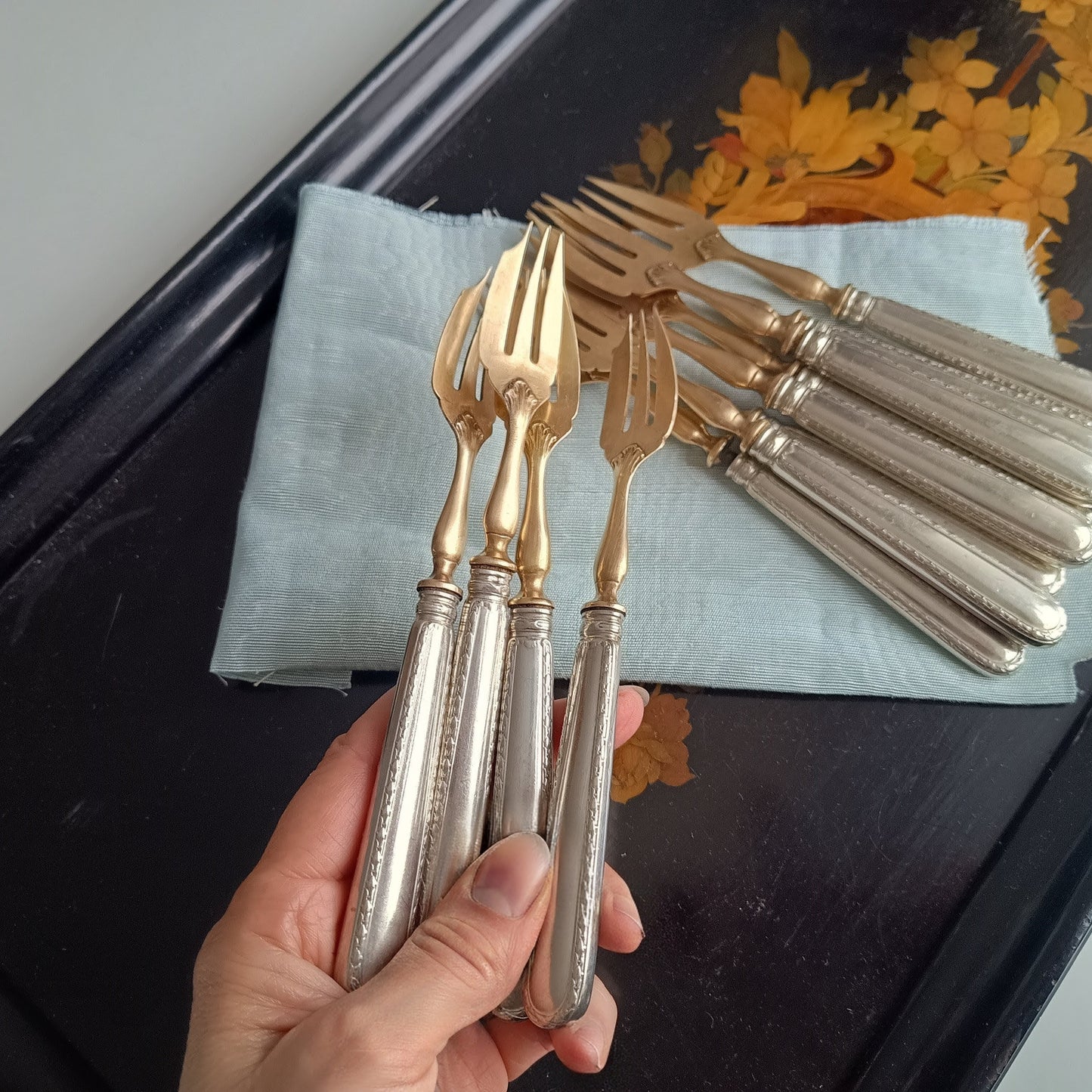 Antique Belle Epoque 12 Pastry Forks Dessert Cutlery Set:  Louis Coignet, France 1880-1900