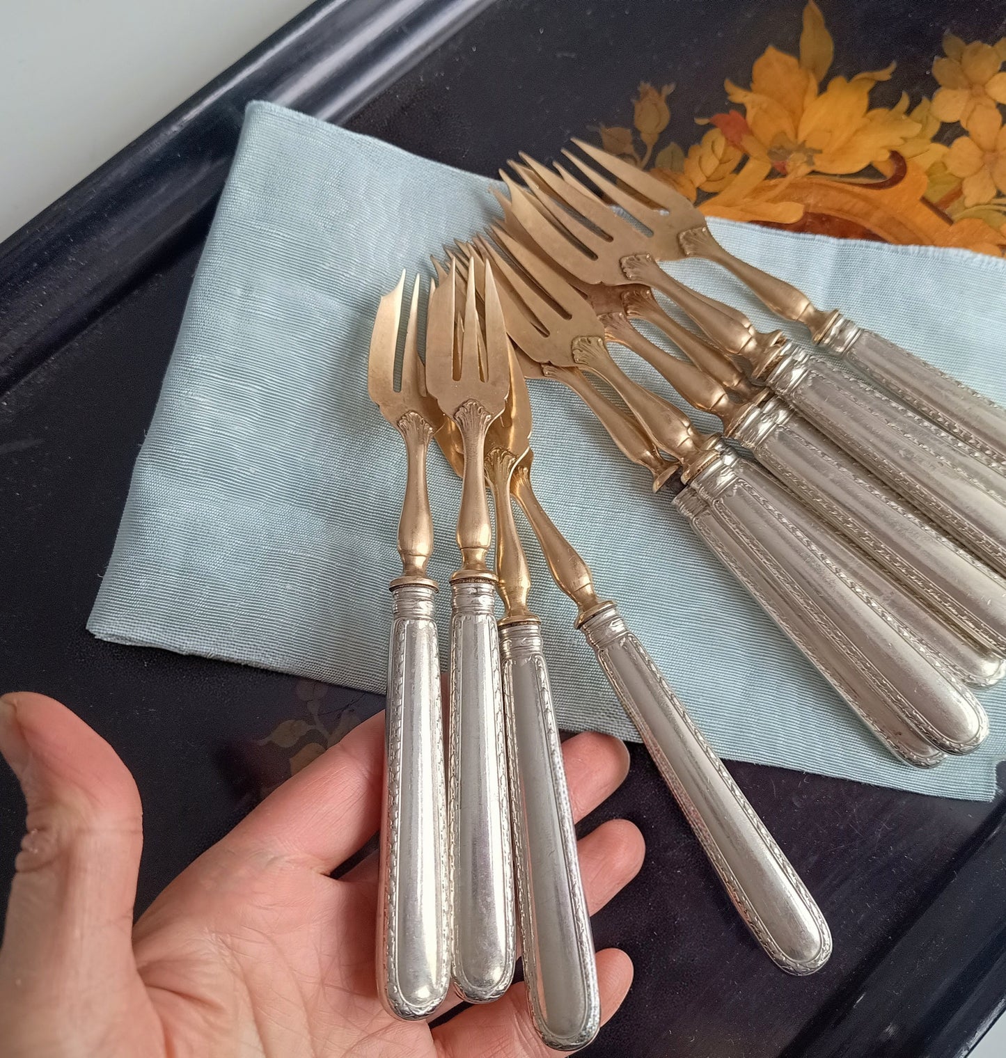 Antique Belle Epoque 12 Pastry Forks Dessert Cutlery Set:  Louis Coignet, France 1880-1900