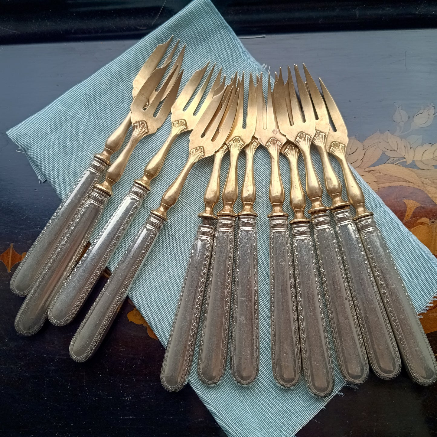 Antique Belle Epoque 12 Pastry Forks Dessert Cutlery Set:  Louis Coignet, France 1880-1900
