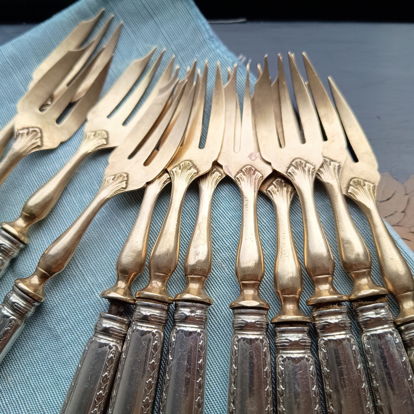 Antique Belle Epoque 12 Pastry Forks Dessert Cutlery Set:  Louis Coignet, France 1880-1900