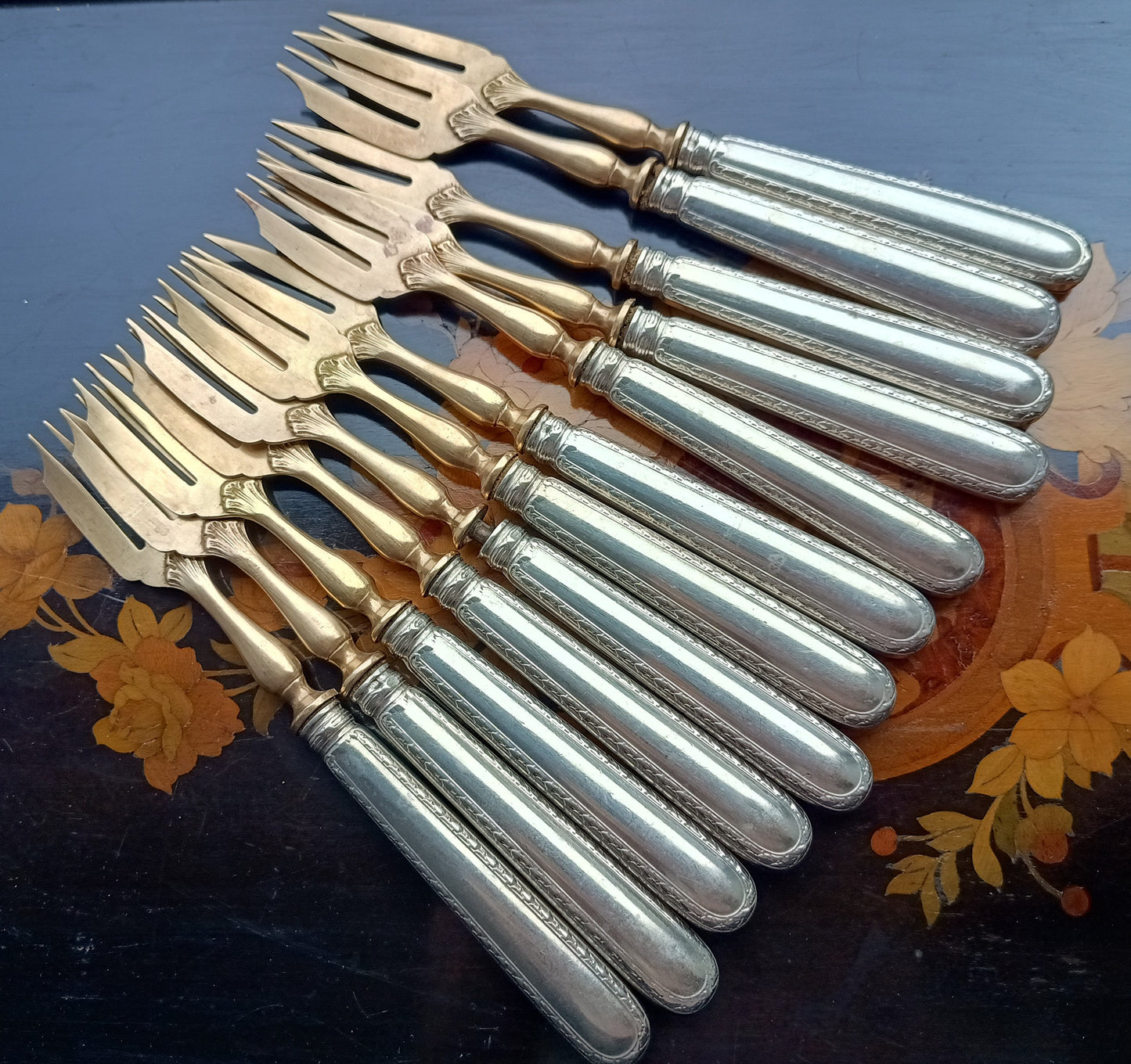 Antique Belle Epoque 12 Pastry Forks Dessert Cutlery Set:  Louis Coignet, France 1880-1900