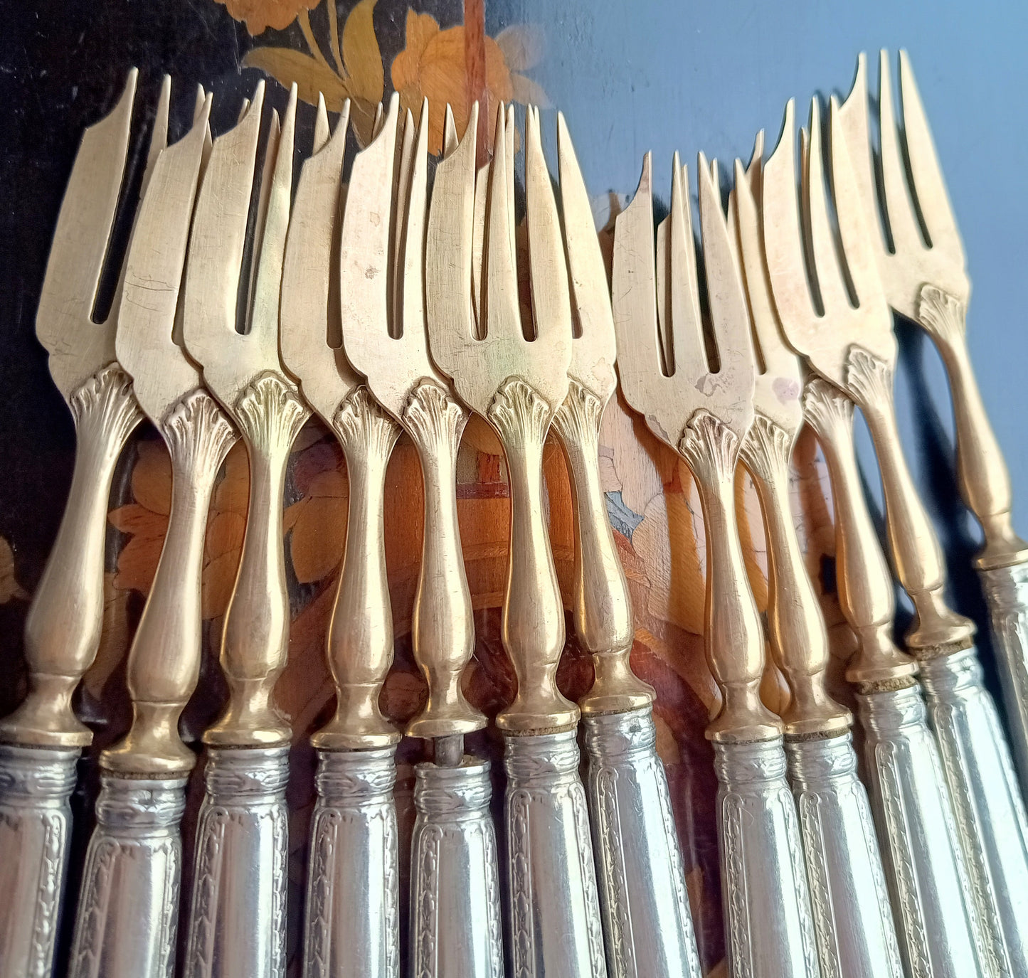 Antique Belle Epoque 12 Pastry Forks Dessert Cutlery Set:  Louis Coignet, France 1880-1900