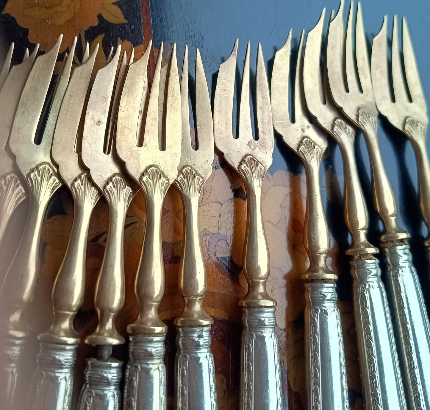 Antique Belle Epoque 12 Pastry Forks Dessert Cutlery Set:  Louis Coignet, France 1880-1900