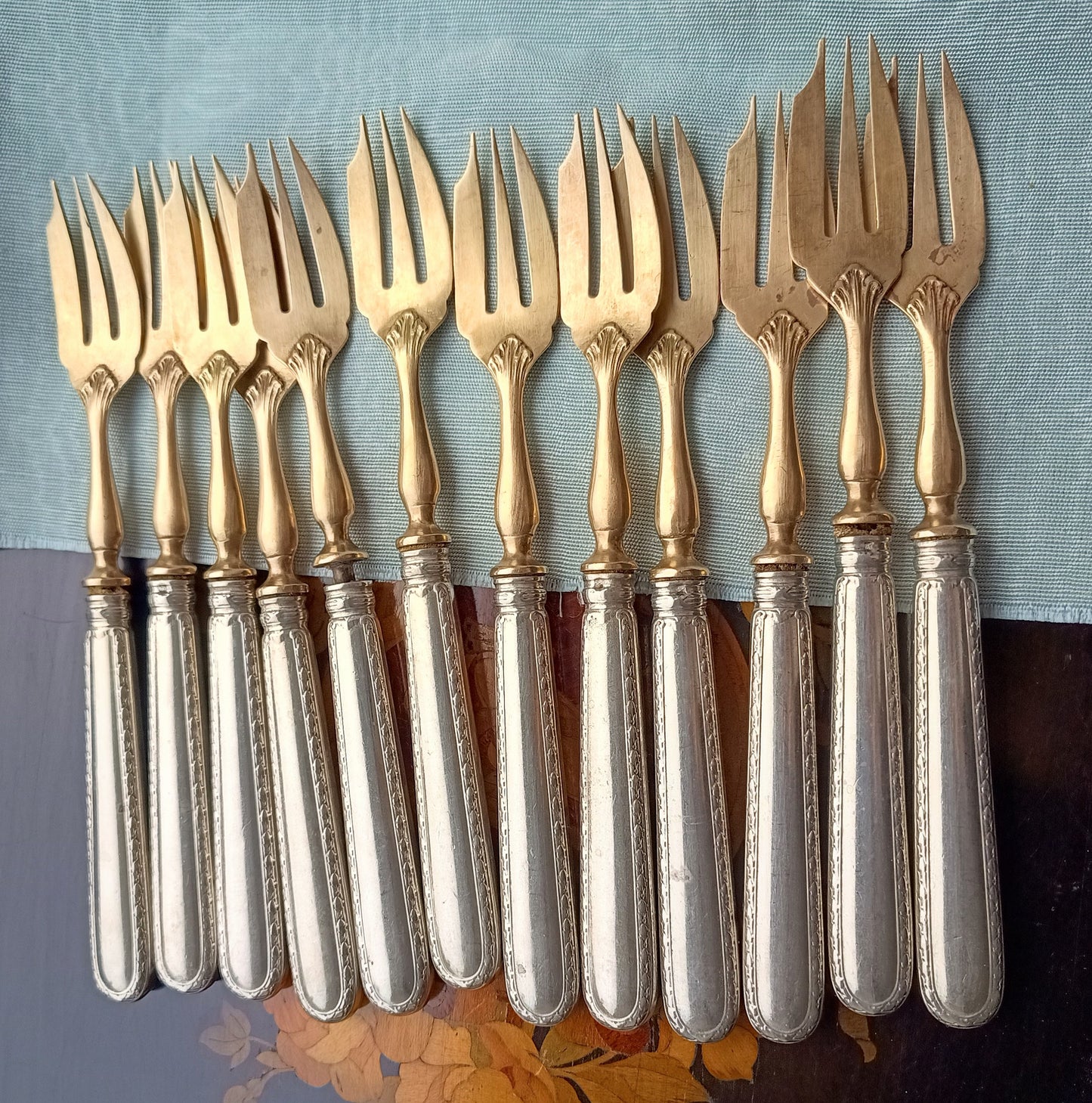 Antique Belle Epoque 12 Pastry Forks Dessert Cutlery Set:  Louis Coignet, France 1880-1900
