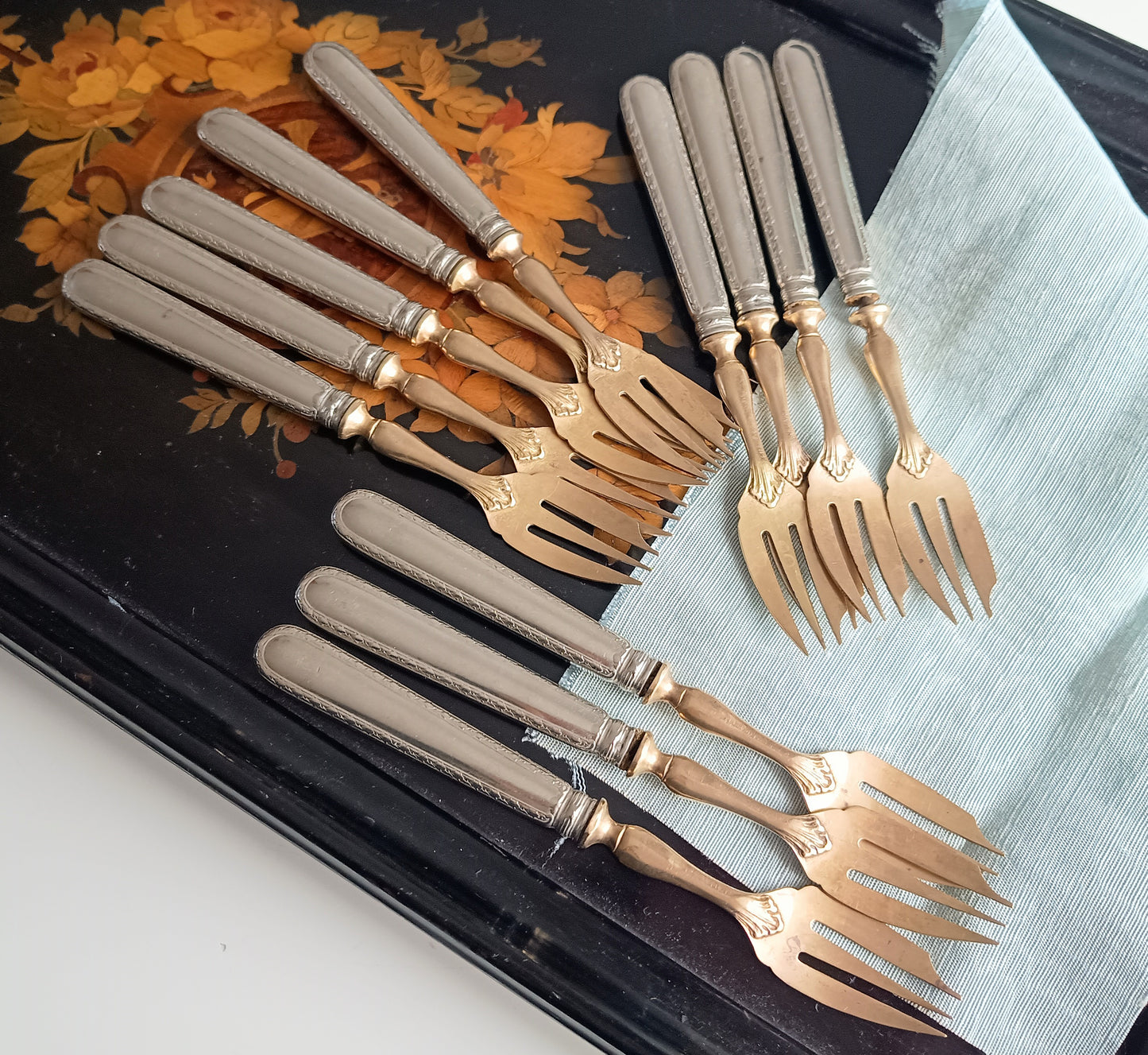 Antique Belle Epoque 12 Pastry Forks Dessert Cutlery Set:  Louis Coignet, France 1880-1900