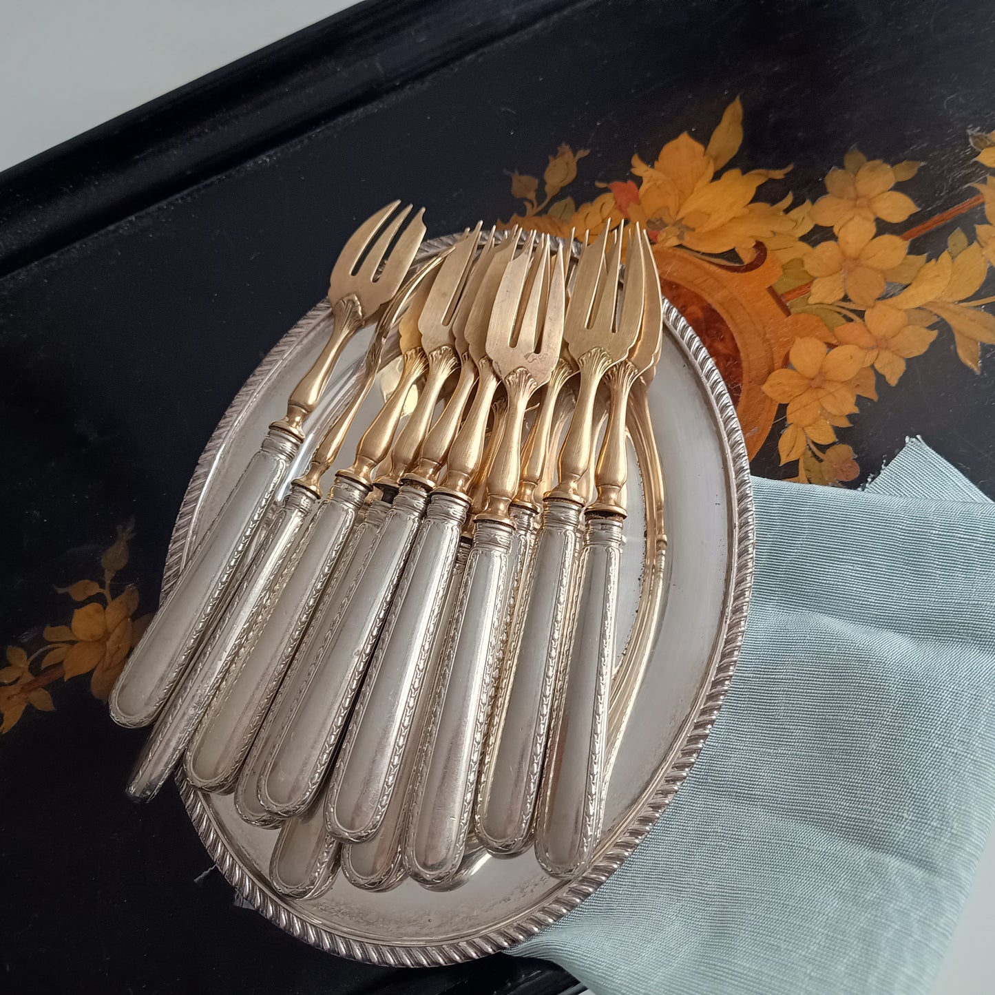 Antique Belle Epoque 12 Pastry Forks Dessert Cutlery Set:  Louis Coignet, France 1880-1900