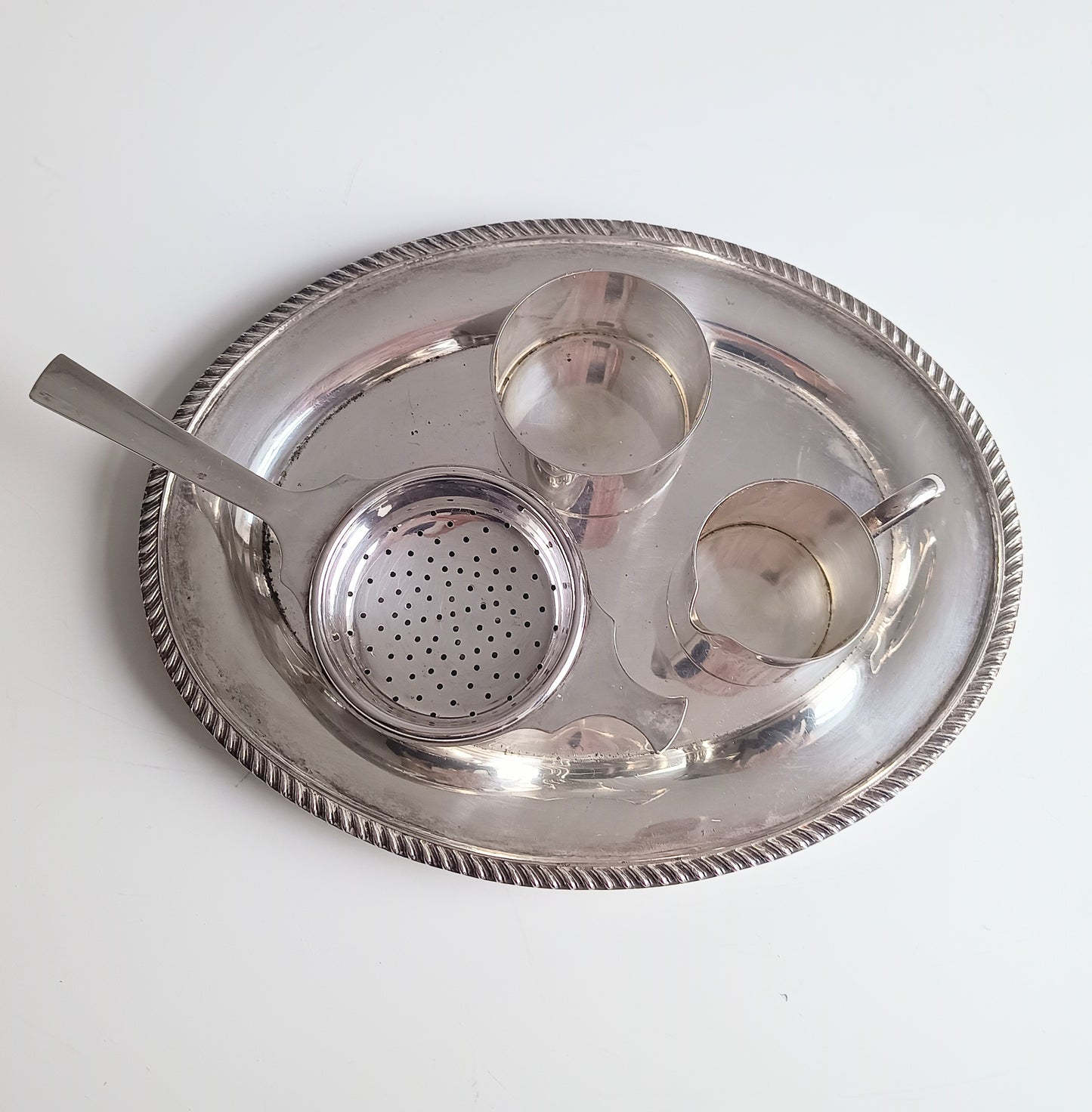 Art Deco Silver Plate Tea Set: Drinks Tray, Creamer, Bowl & Tea Strainer, England, Art Deco