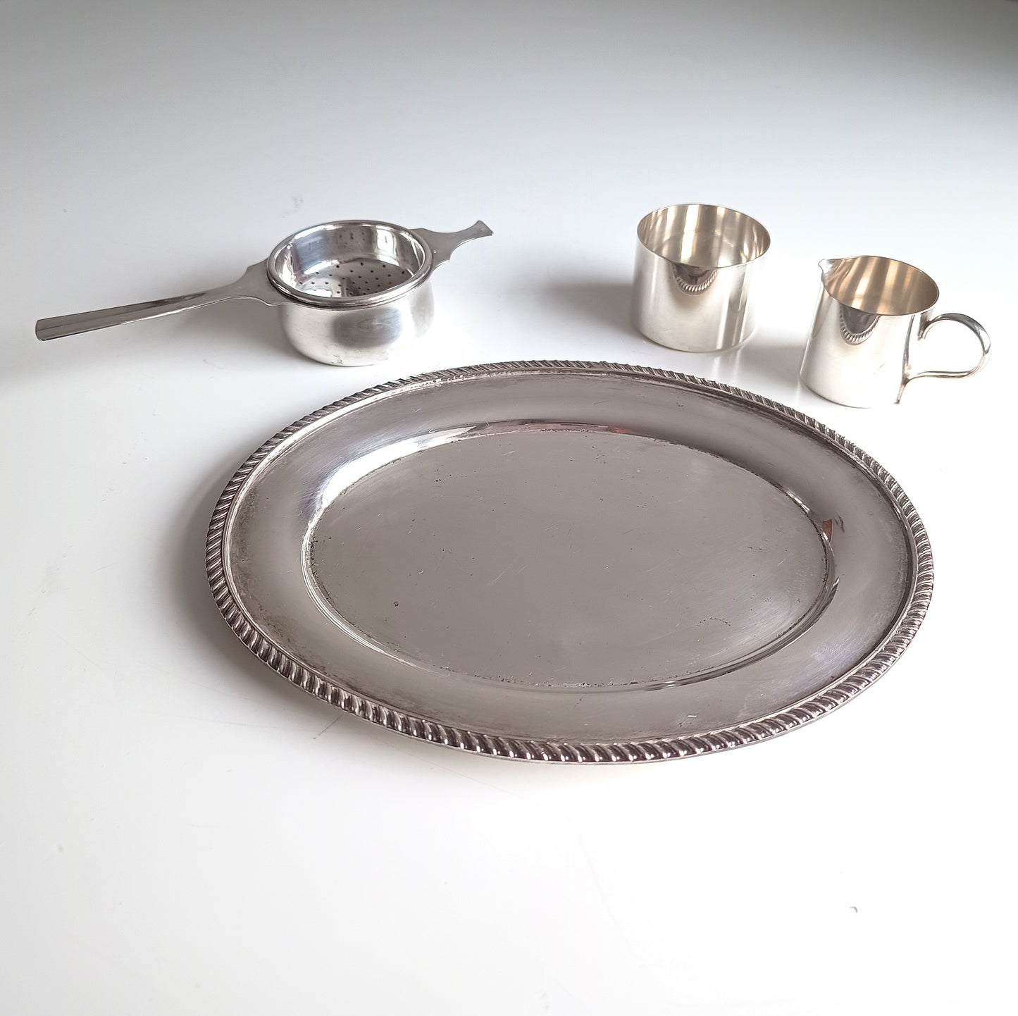 Art Deco Silver Plate Tea Set: Drinks Tray, Creamer, Bowl & Tea Strainer, England, Art Deco