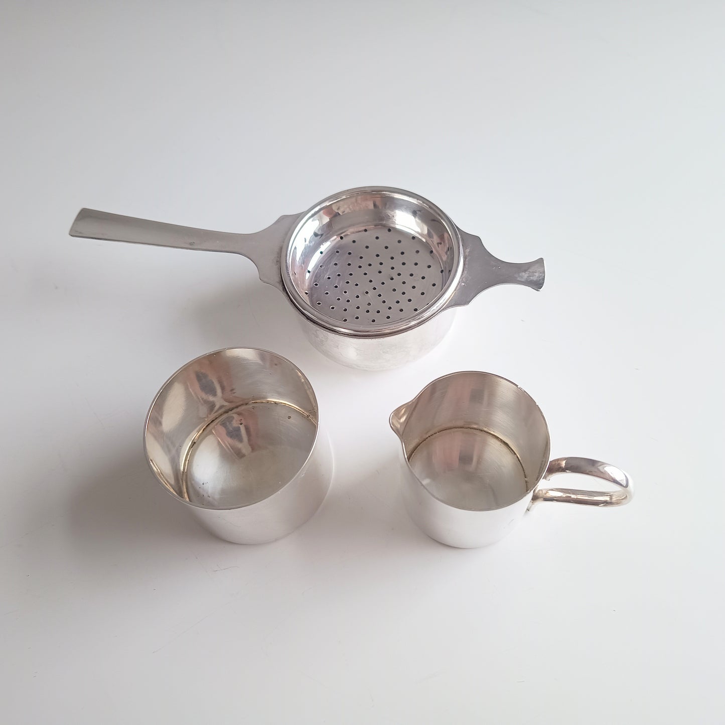 Art Deco Silver Plate Tea Set: Drinks Tray, Creamer, Bowl & Tea Strainer, England, Art Deco