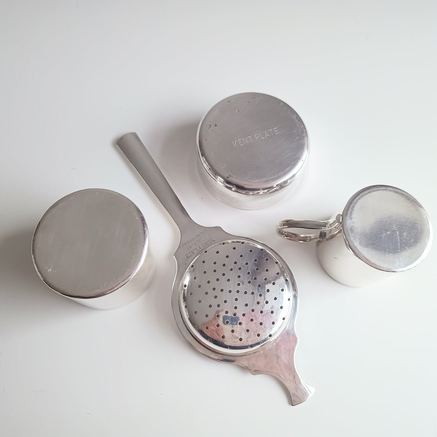 Art Deco Silver Plate Tea Set: Drinks Tray, Creamer, Bowl & Tea Strainer, England, Art Deco