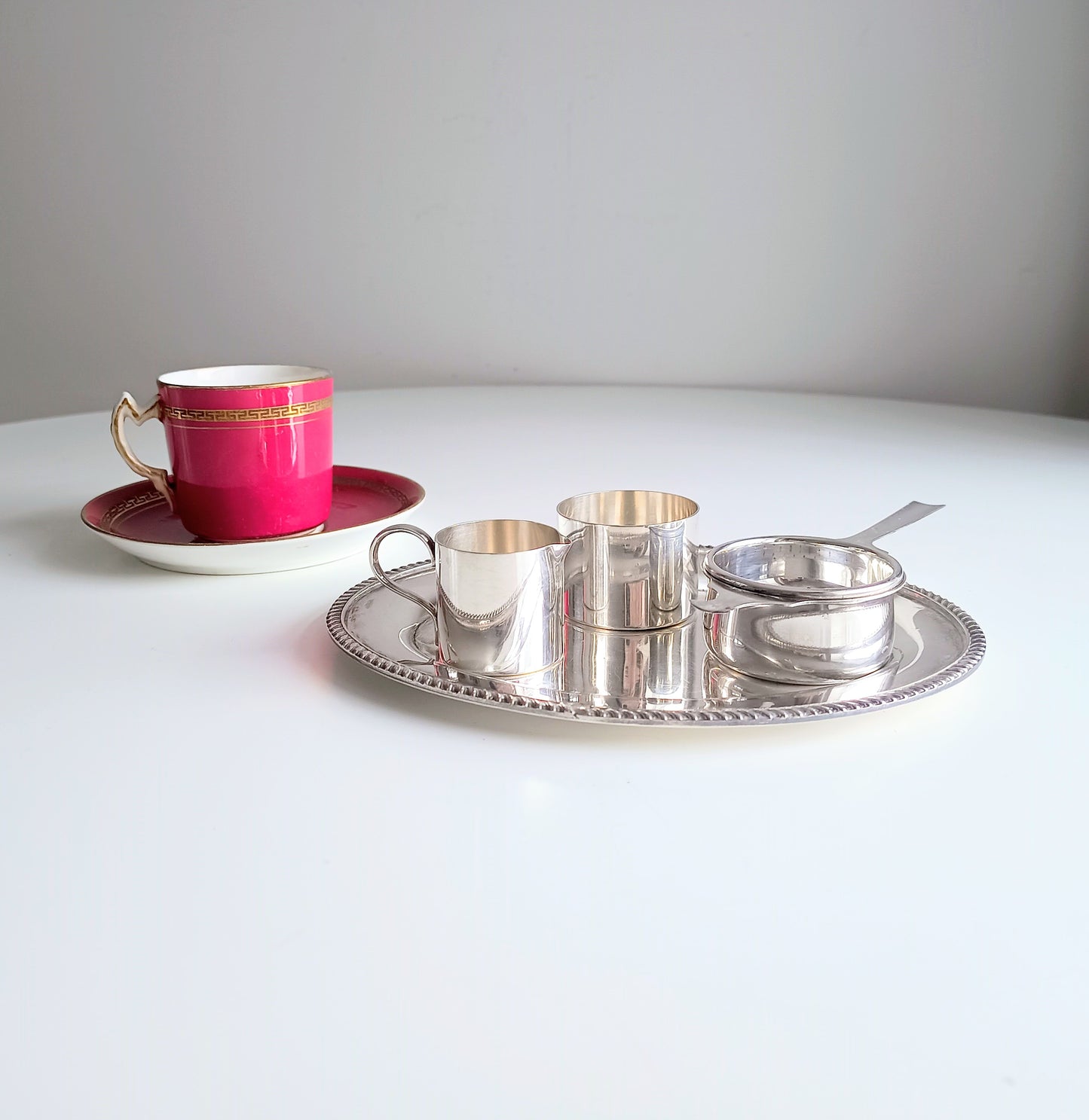 Art Deco Silver Plate Tea Set: Drinks Tray, Creamer, Bowl & Tea Strainer, England, Art Deco