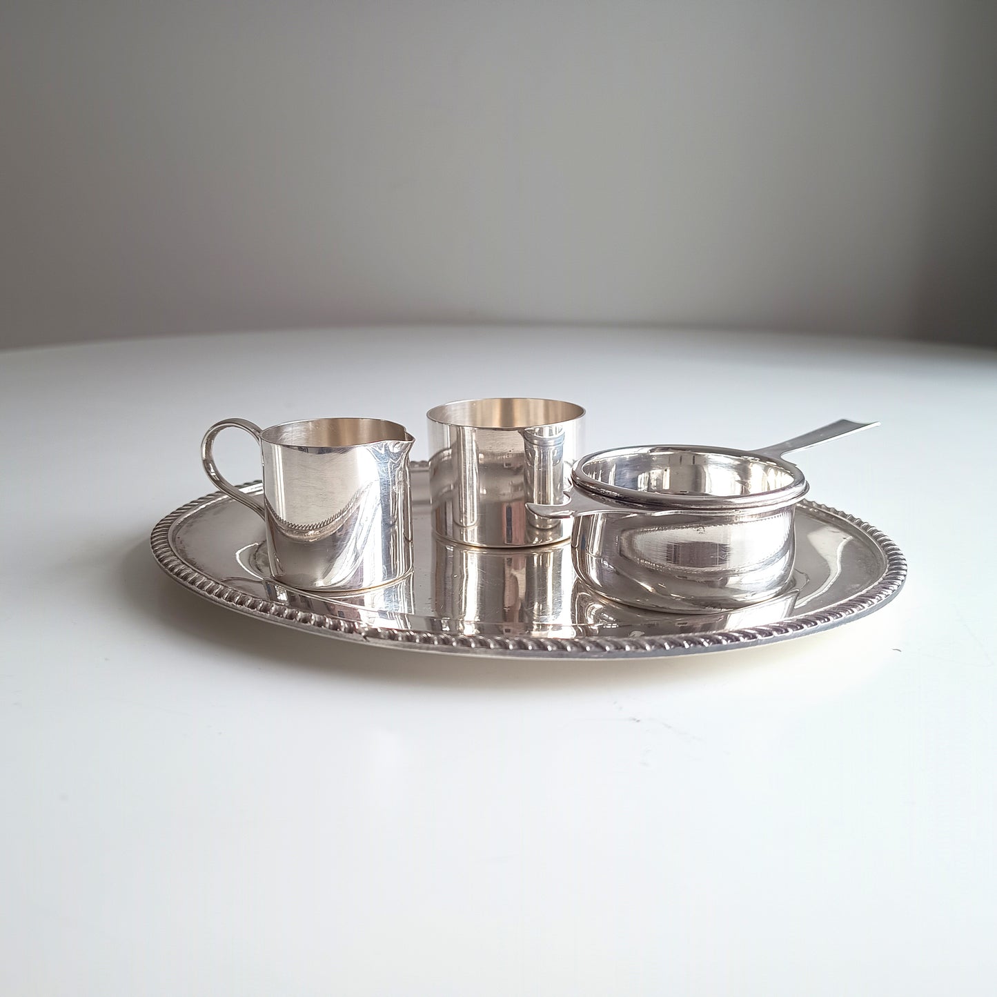 Art Deco Silver Plate Tea Set: Drinks Tray, Creamer, Bowl & Tea Strainer, England, Art Deco