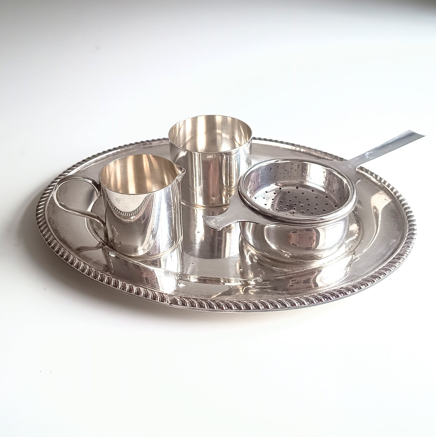 Art Deco Silver Plate Tea Set: Drinks Tray, Creamer, Bowl & Tea Strainer, England, Art Deco