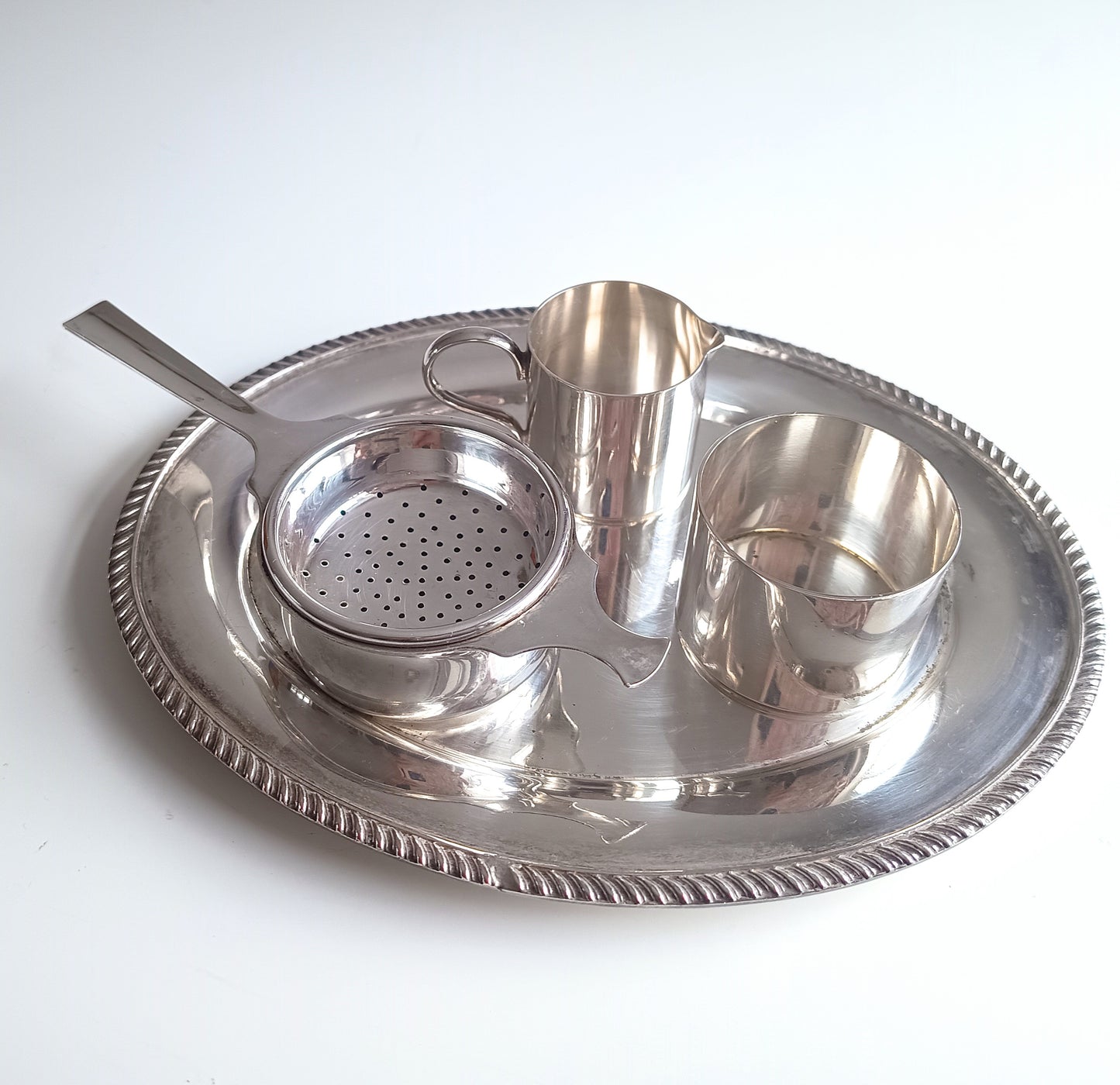 Art Deco Silver Plate Tea Set: Drinks Tray, Creamer, Bowl & Tea Strainer, England, Art Deco