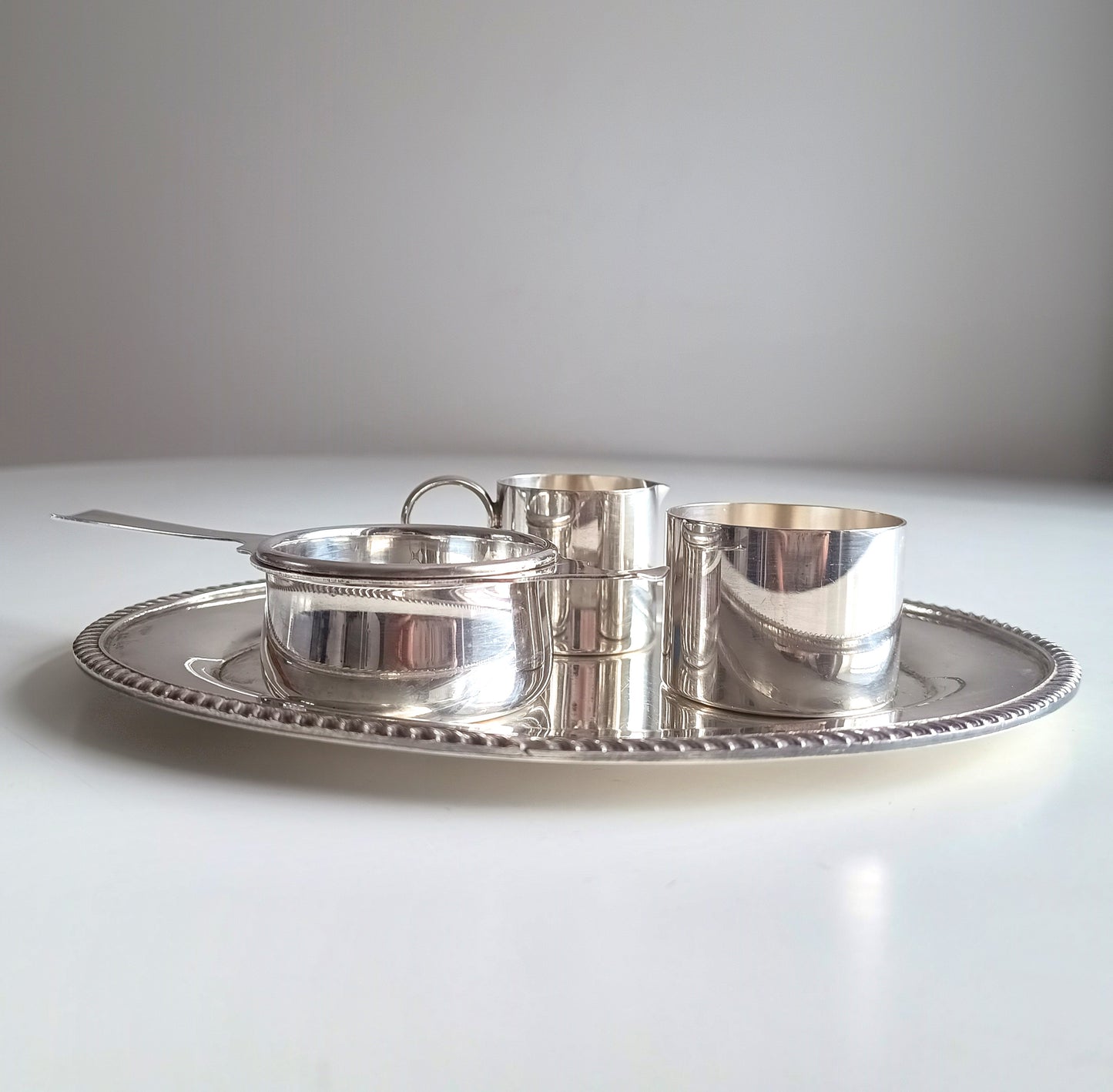 Art Deco Silver Plate Tea Set: Drinks Tray, Creamer, Bowl & Tea Strainer, England, Art Deco