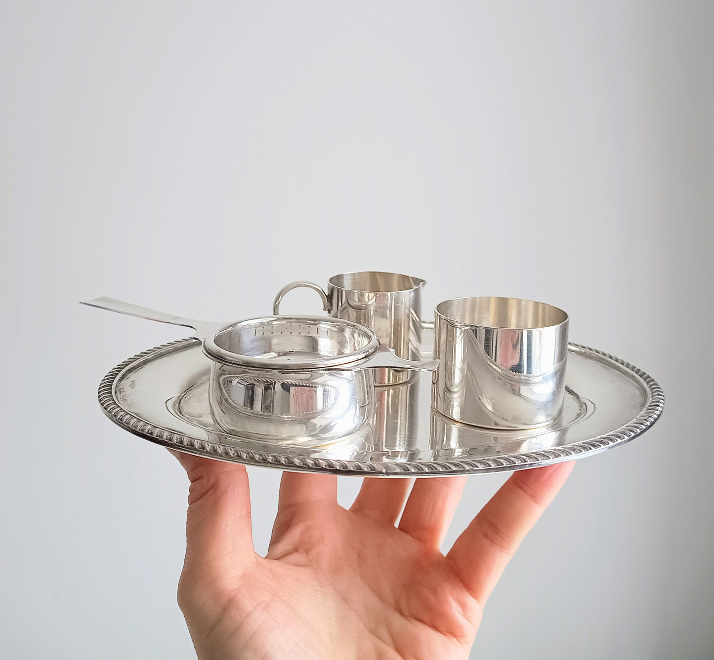 Art Deco Silver Plate Tea Set: Drinks Tray, Creamer, Bowl & Tea Strainer, England, Art Deco