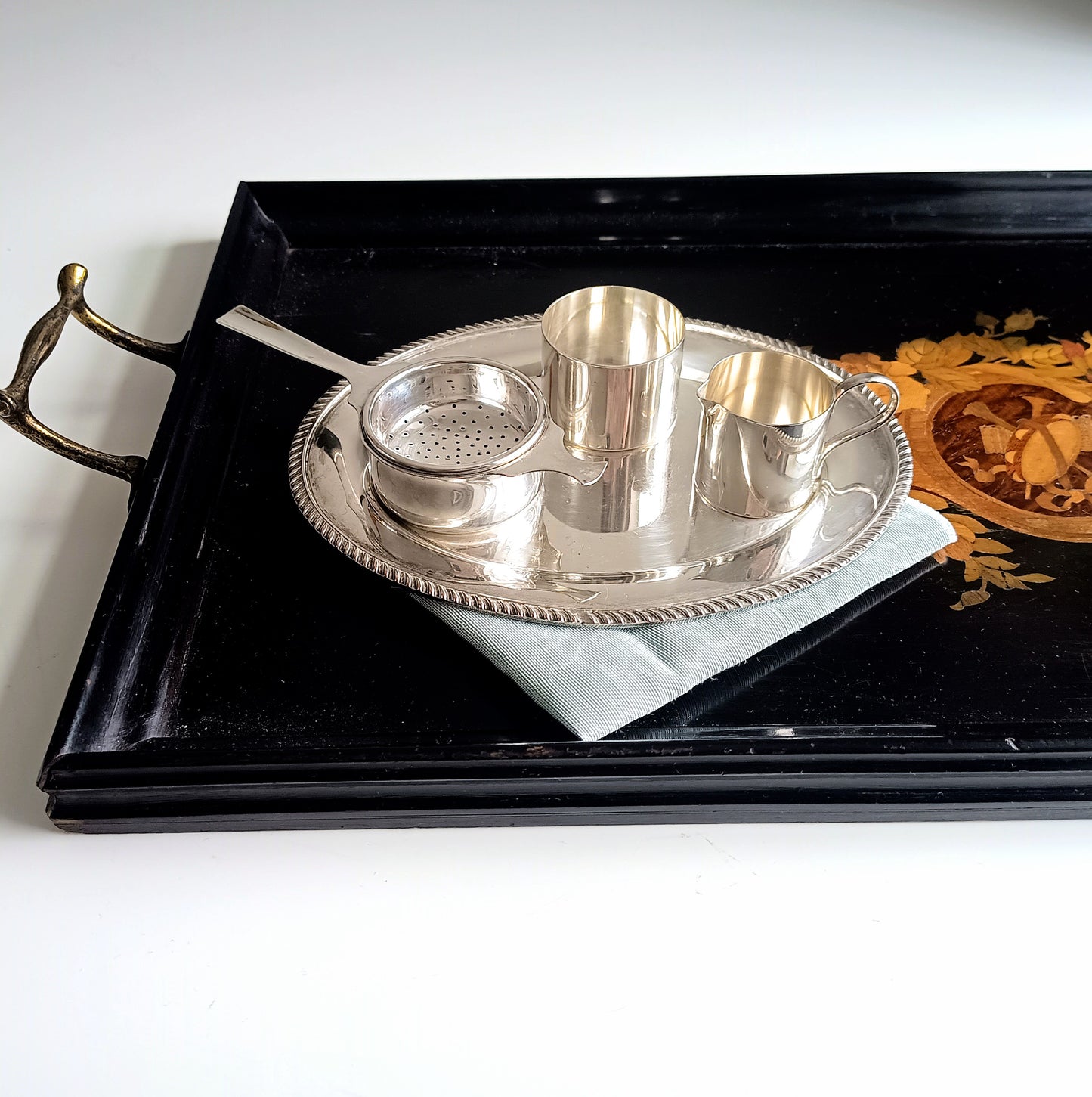 Art Deco Silver Plate Tea Set: Drinks Tray, Creamer, Bowl & Tea Strainer, England, Art Deco
