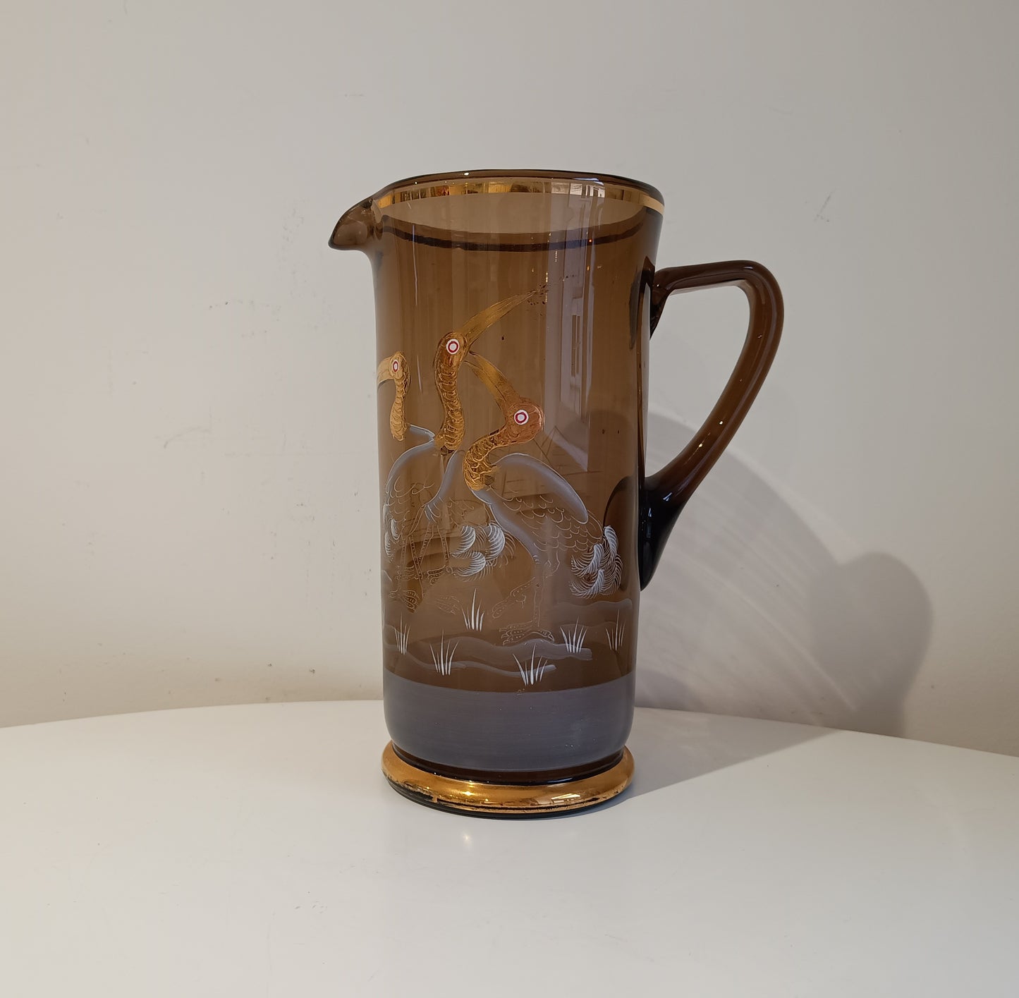 Authentic Art Deco Art Glass Lemonade Pitcher: Hand Enamelled Cocktails Barware, Silesia, 1900