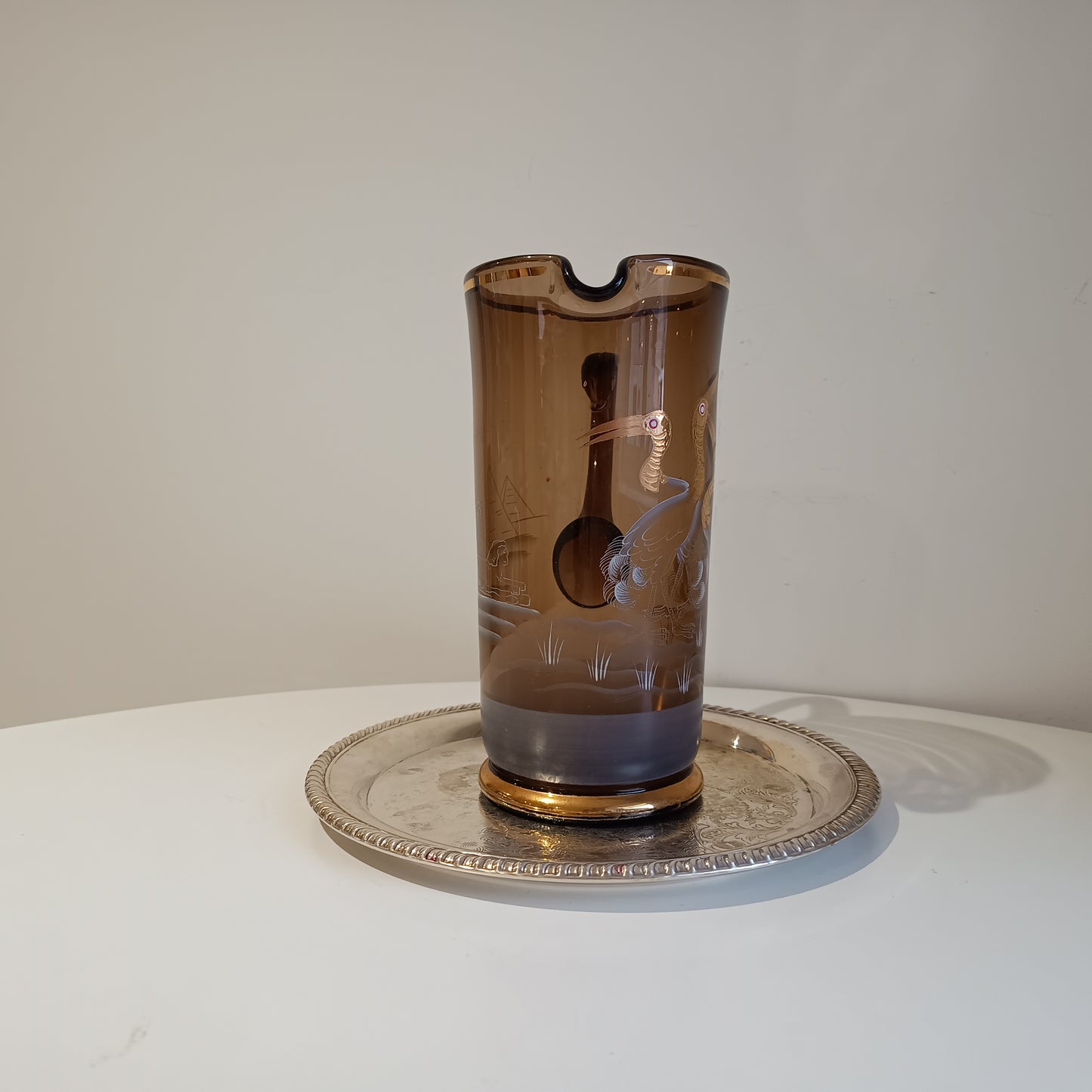 Authentic Art Deco Art Glass Lemonade Pitcher: Hand Enamelled Cocktails Barware, Silesia, 1900