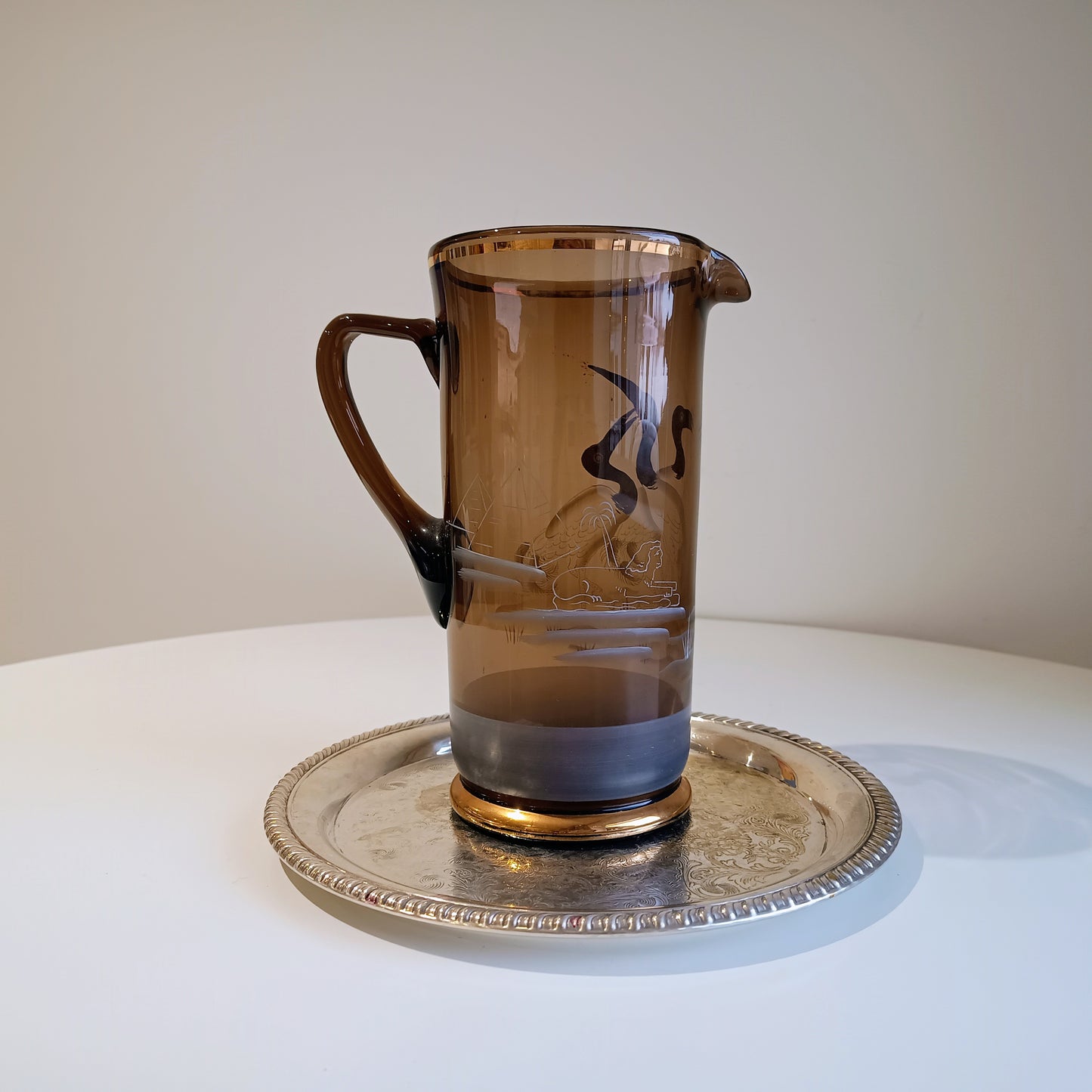 Authentic Art Deco Art Glass Lemonade Pitcher: Hand Enamelled Cocktails Barware, Silesia, 1900