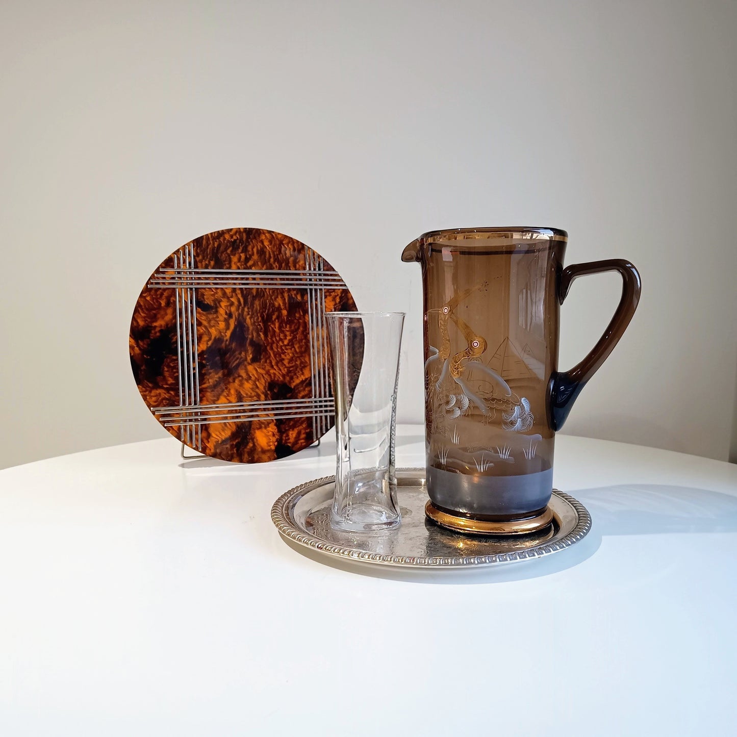 Authentic Art Deco Art Glass Lemonade Pitcher: Hand Enamelled Cocktails Barware, Silesia, 1900