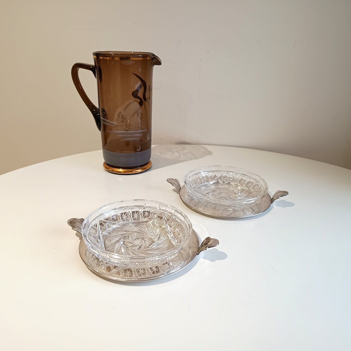 Authentic Art Deco Art Glass Lemonade Pitcher: Hand Enamelled Cocktails Barware, Silesia, 1900