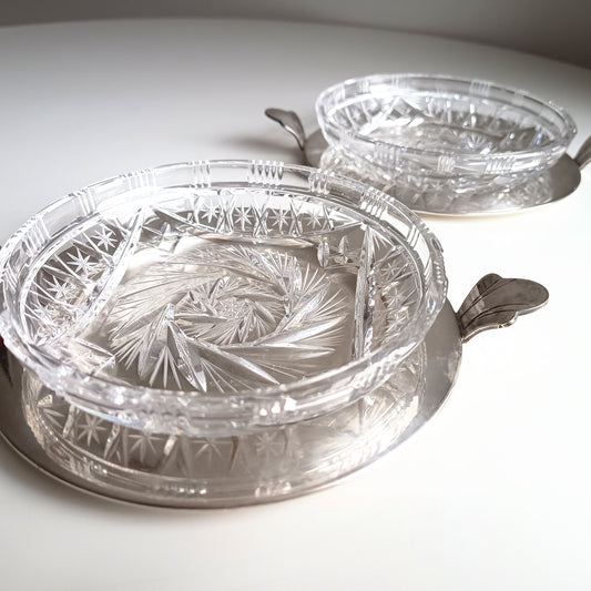Vintage Silver Plate & Cut Crystal Dessert Plates or Individual Salad Bowls, Germany 1960s