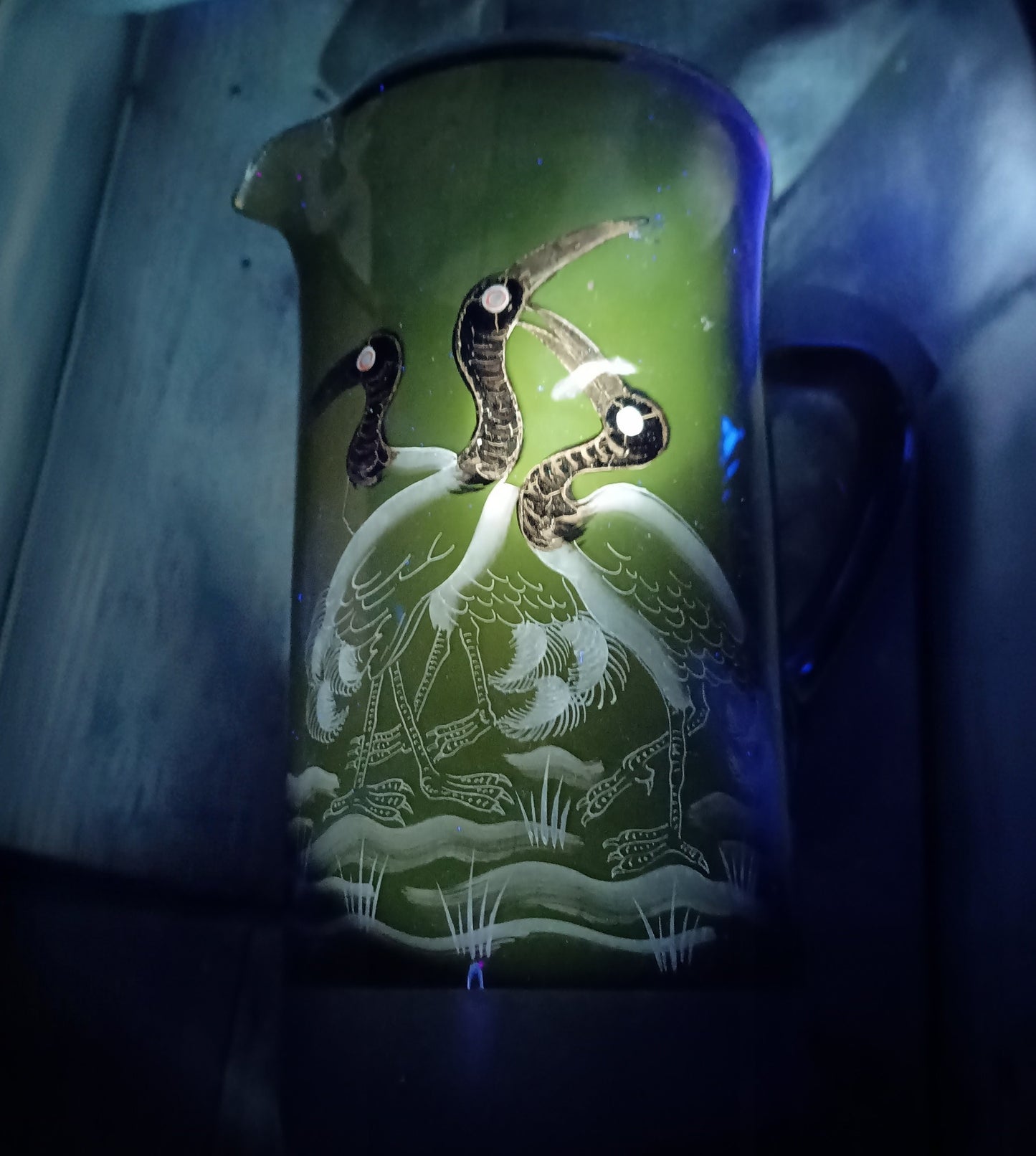 Authentic Art Deco Art Glass Lemonade Pitcher: Hand Enamelled Cocktails Barware, Silesia, 1900