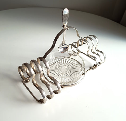 Vintage Silver Plate Toast Rack with Integral Glass Jam Dish, 1930s Breakfast Server
