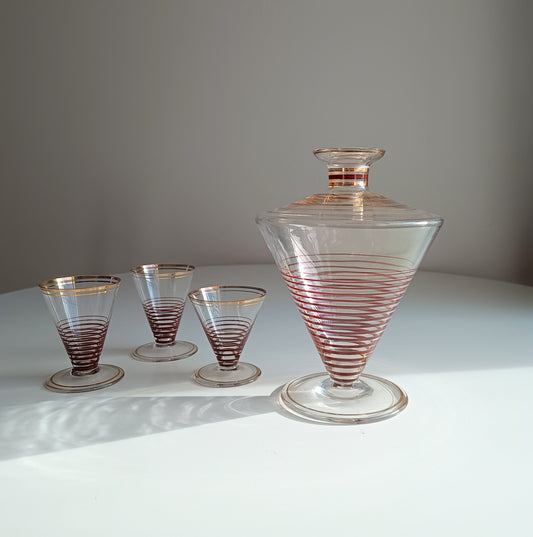 Midcentury Atomic Cocktail Set of Spiral Inverted Conus Decanter & 3 Glasses: Bohemia 1950s